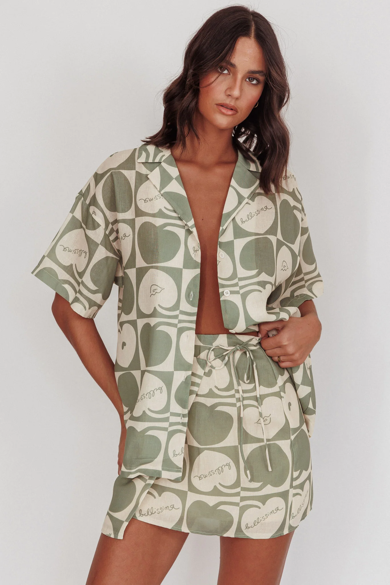 Ithaca Cherry Print Mini Wrap Skirt Sage Beige - Seraphlike