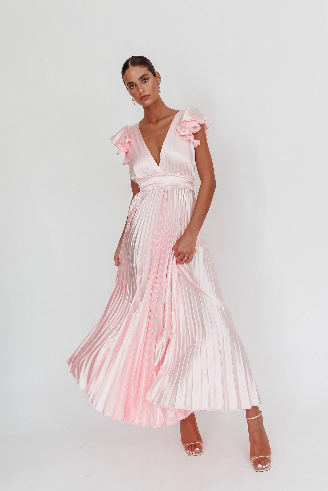 Enchantment Ruffle Sleeve Pleat Maxi Dress Pink - Seraphlike
