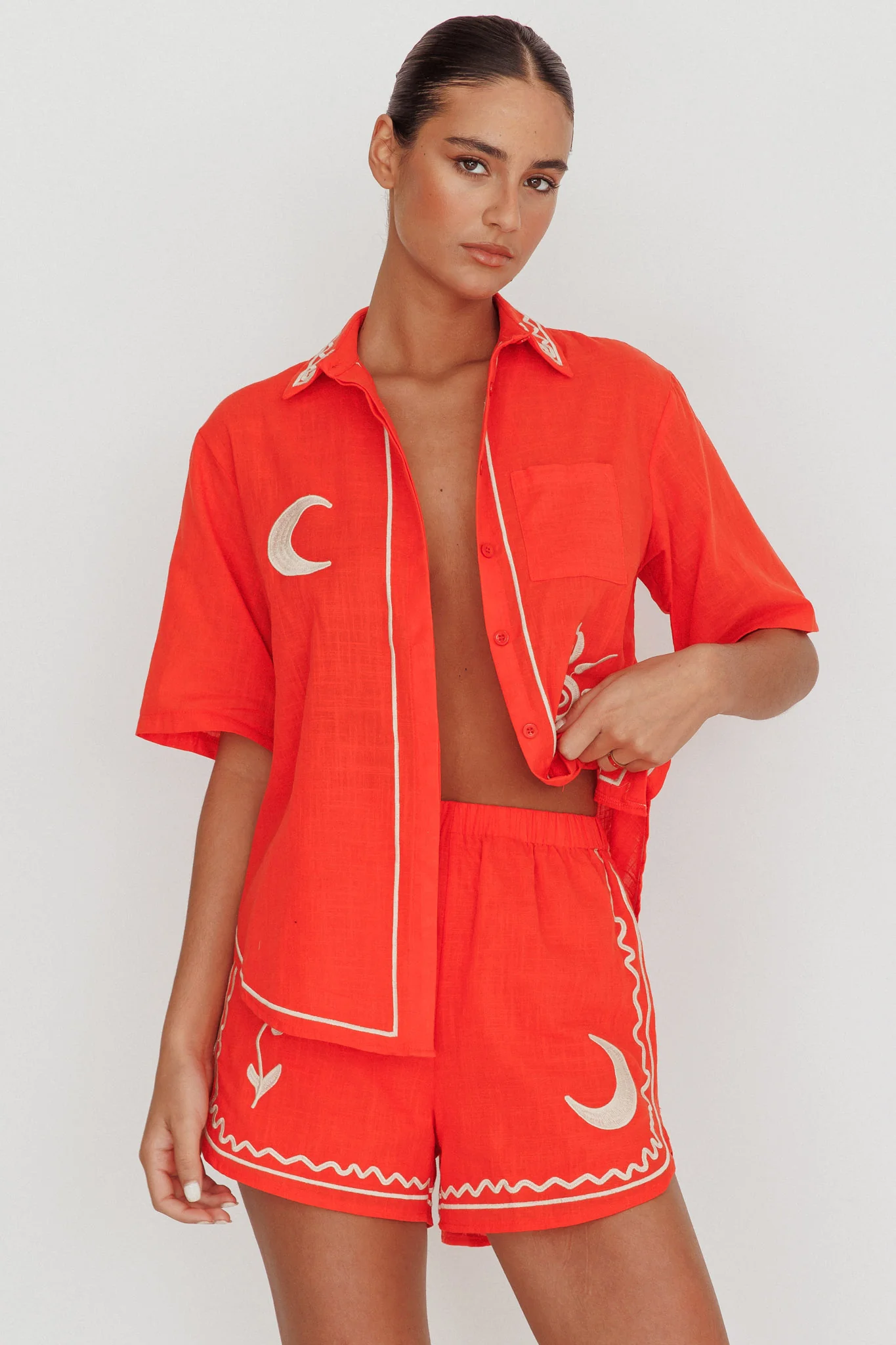 On Vacay Elastic Waist Embroidered Shorts Orange - Seraphlike
