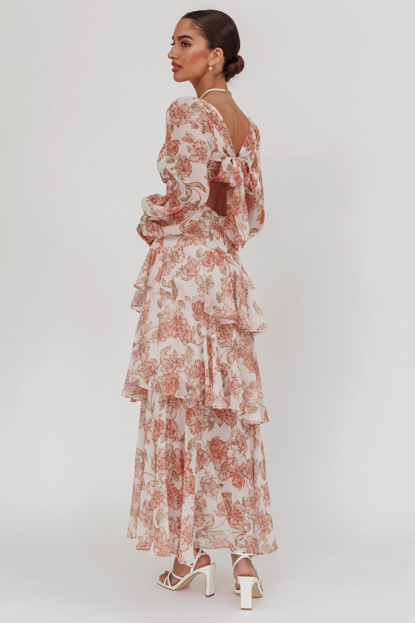 Veda Long Sleeve Floral Tiered Ruffle Maxi Dress Peach - Seraphlike