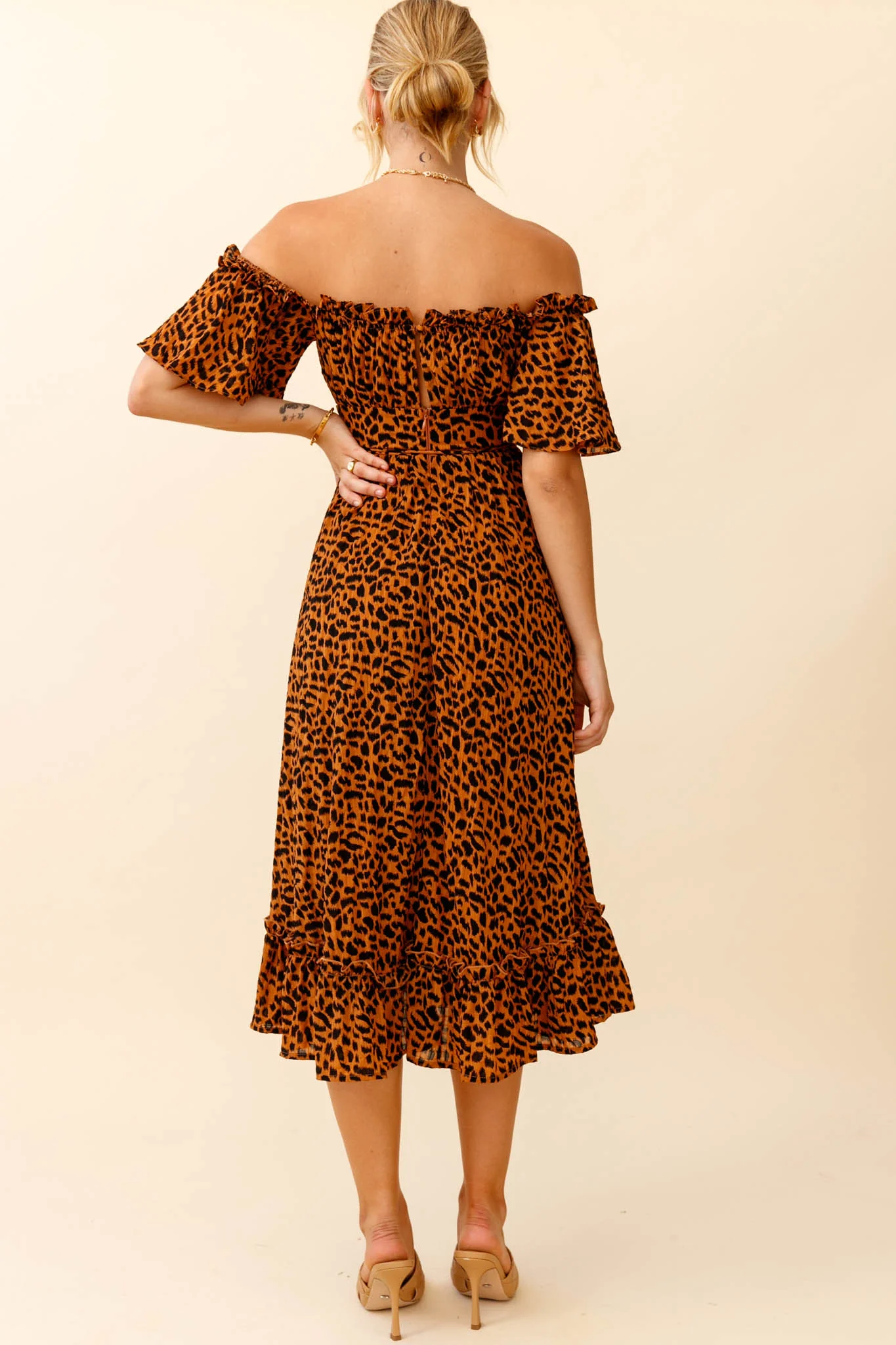 Voyager Off-Shoulder Bell Sleeve Midi Dress Leopard Print Brown - Seraphlike