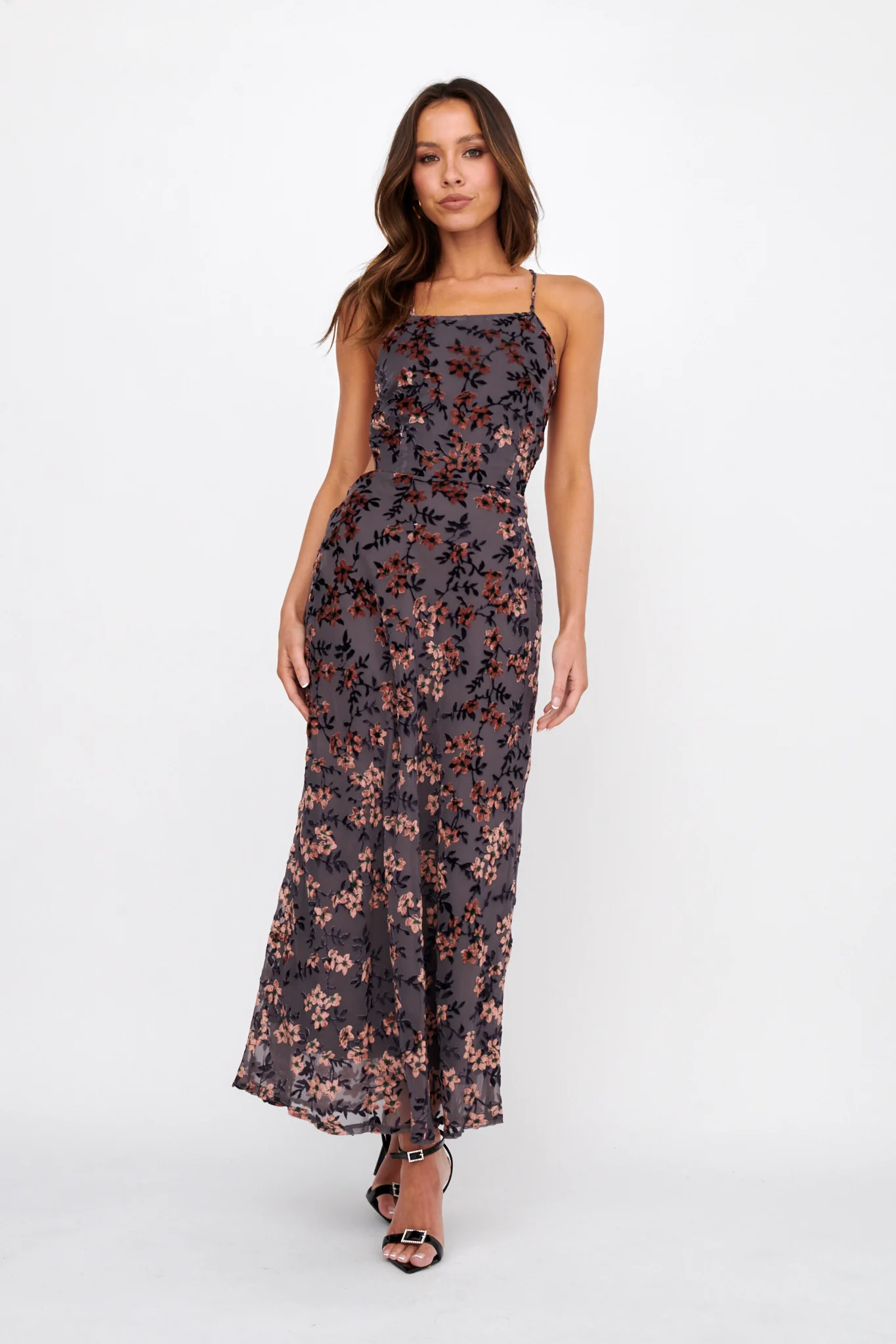 Alexandria Open Back Velour Floral Midi Dress Black/Orange - Seraphlike