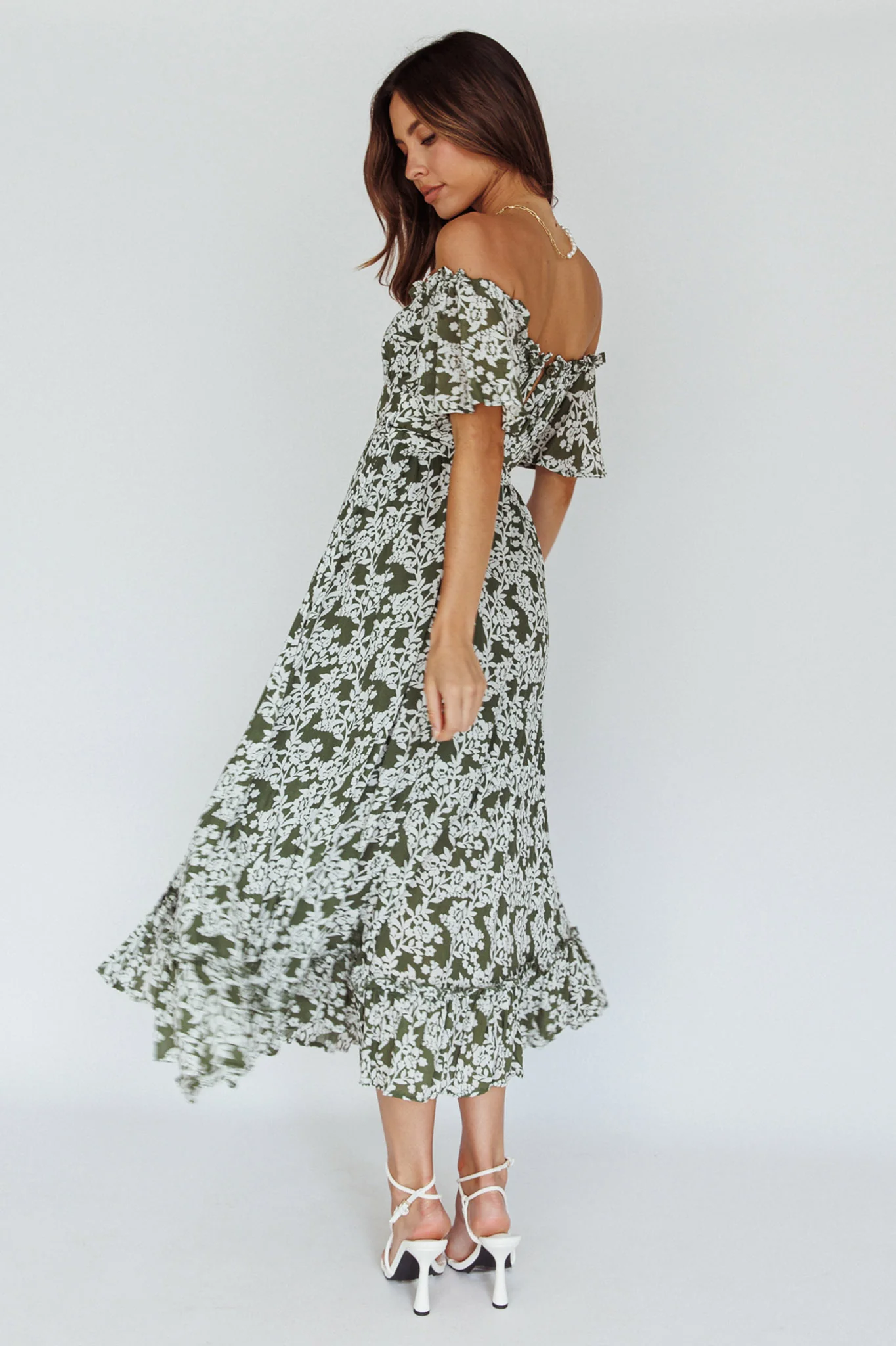 Voyager Off-Shoulder Bell Sleeve Midi Dress Floral Green - Seraphlike