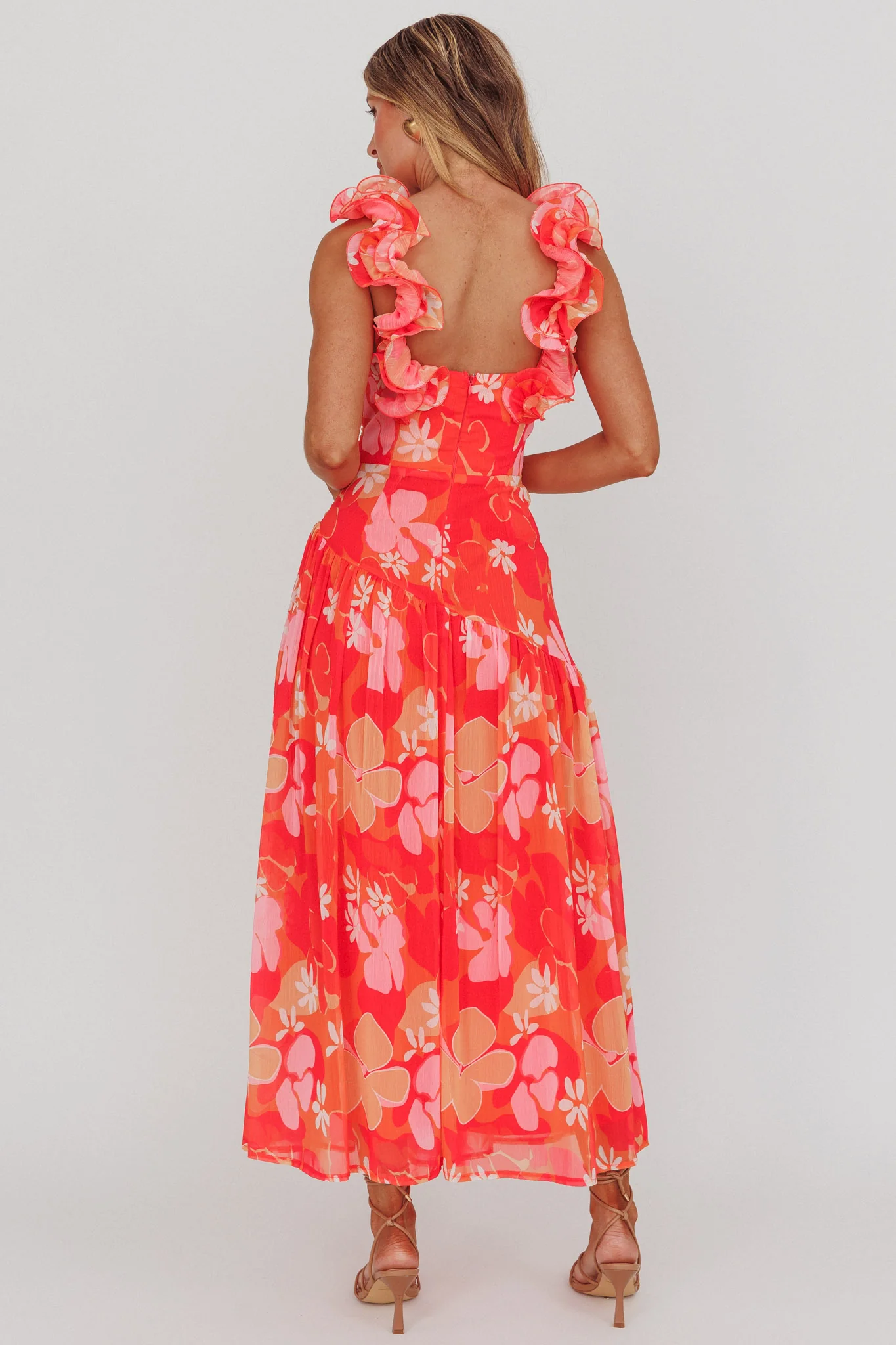 Kinley Ruffle Strap Maxi Dress Floral Orange - Seraphlike
