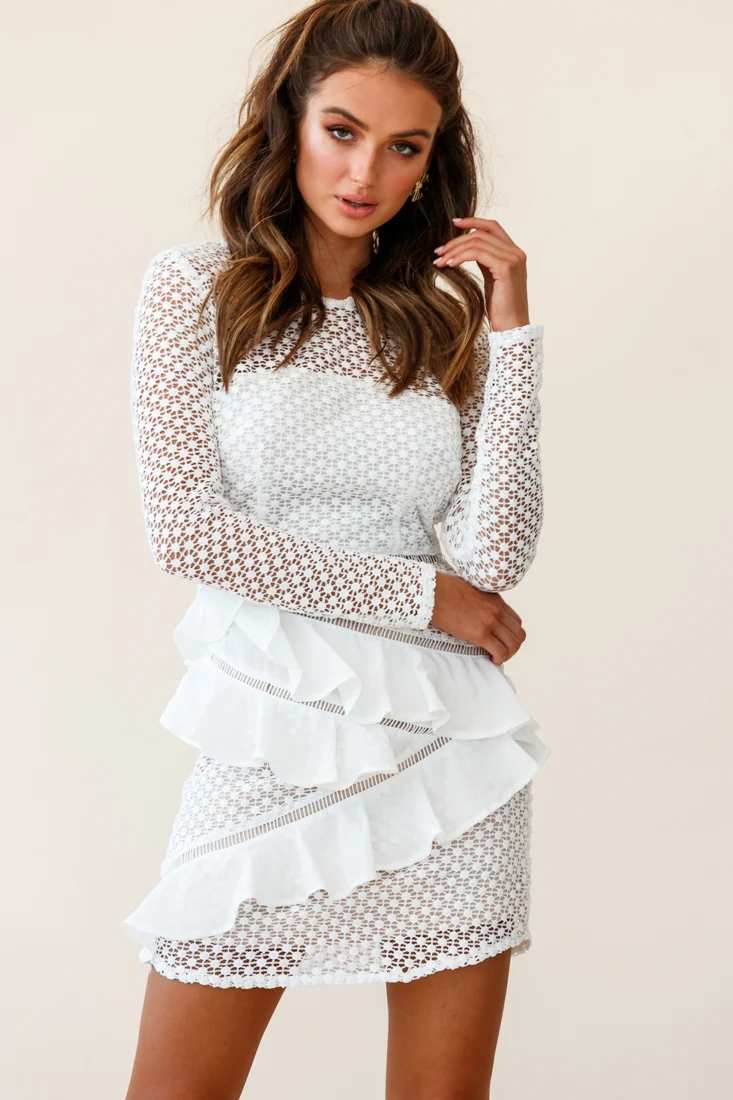 Aramis Long Sleeve Lace & Ruffle Detail Dress White - Seraphlike