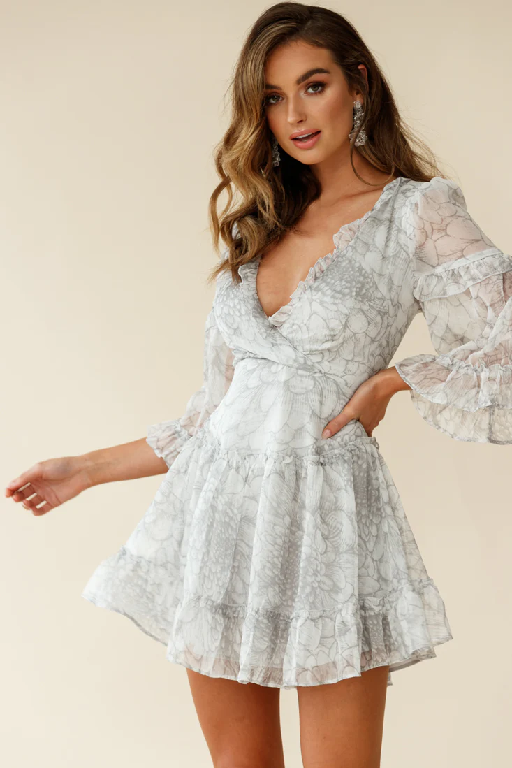 Albany Lace Up Back Frill Dress Chrysanthemum Print Grey - Seraphlike