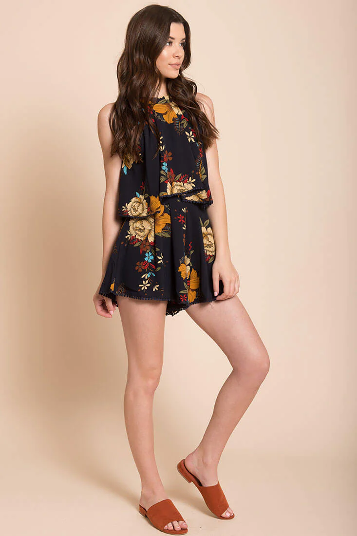 Alianna Floral Halter Romper Navy - Seraphlike
