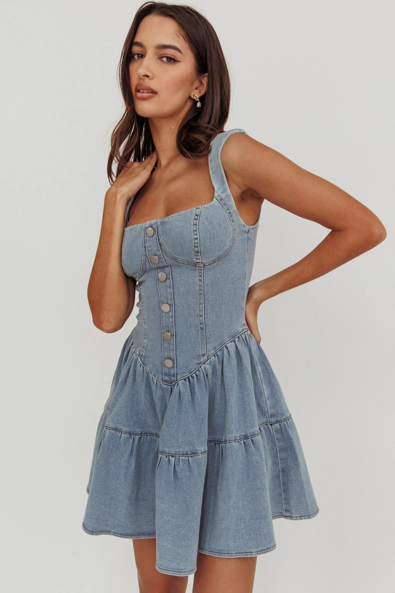 Deep Dive Square Neck Mini Dress Denim - Seraphlike