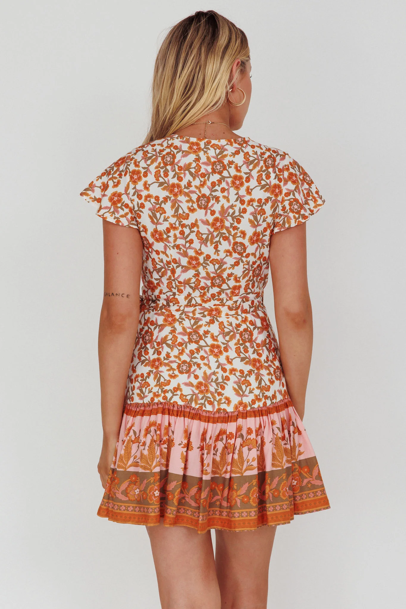 Mayan Angel Sleeve Waist Tie Wrap Dress Floral White/Pink - Seraphlike