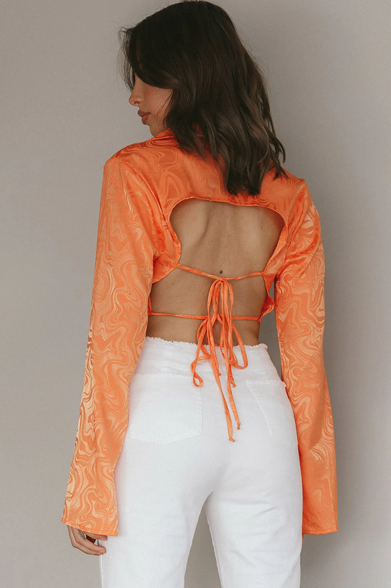 Ciara Flared Sleeve Tied Back Top Orange - Seraphlike