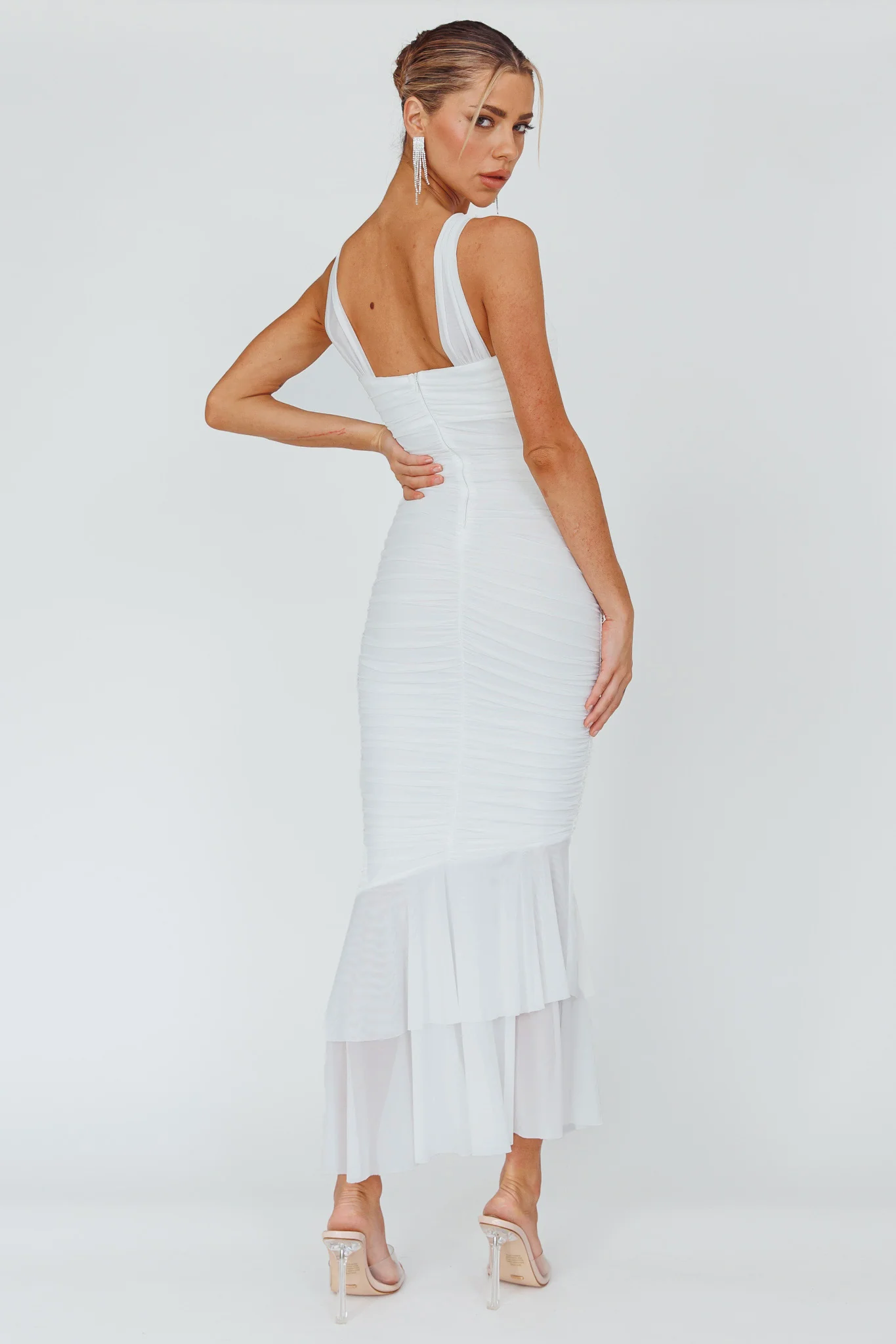 Nadia Ruched Fishtail Maxi Dress White - Seraphlike