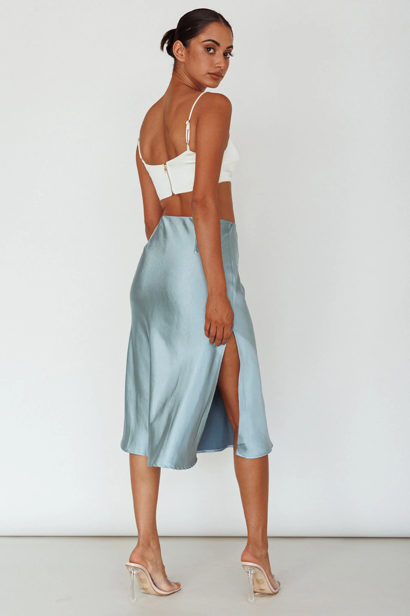 Daze Satin Midi Skirt Light Blue - Seraphlike