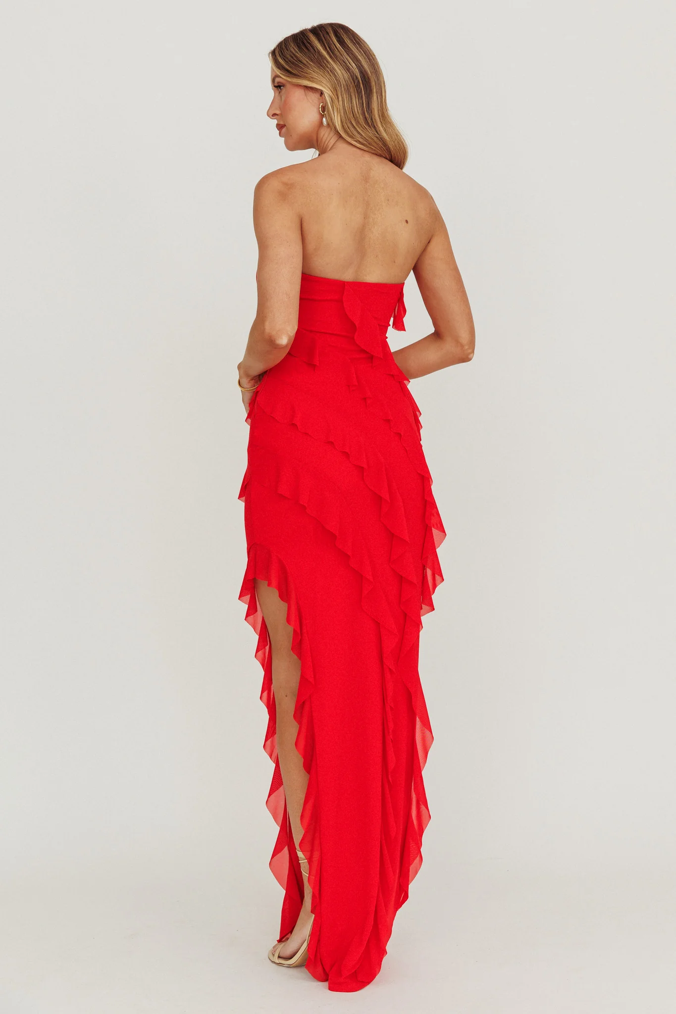 Just Friends Strapless Ruffle Maxi Dress Red - Seraphlike
