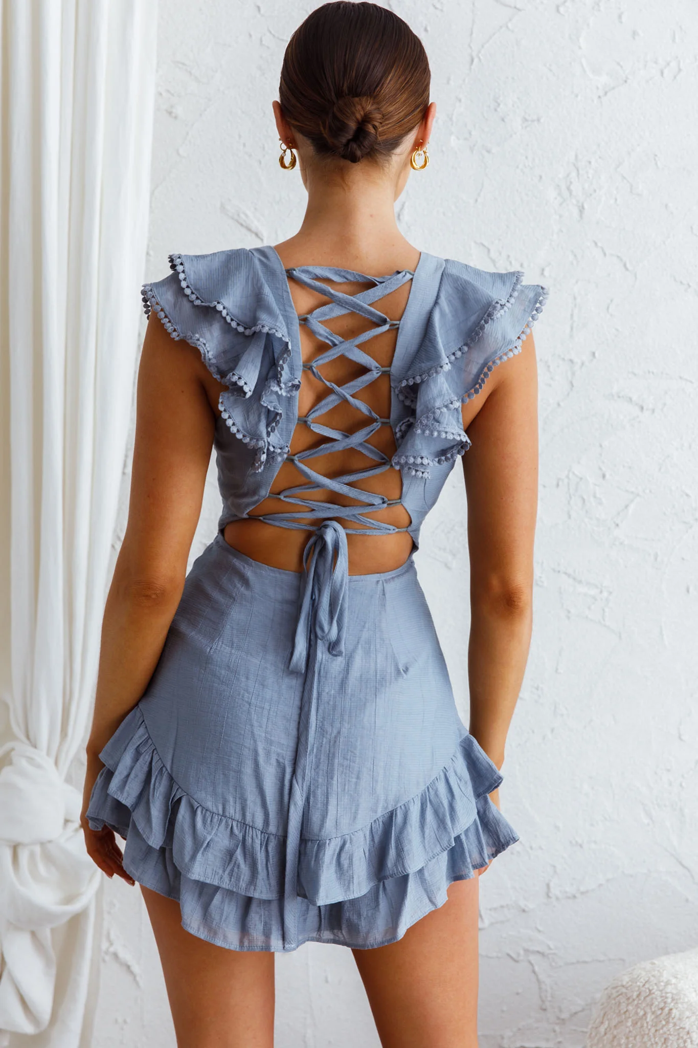 Charade Ruffle Shoulder Corset Back Dress Midnight Blue - Seraphlike