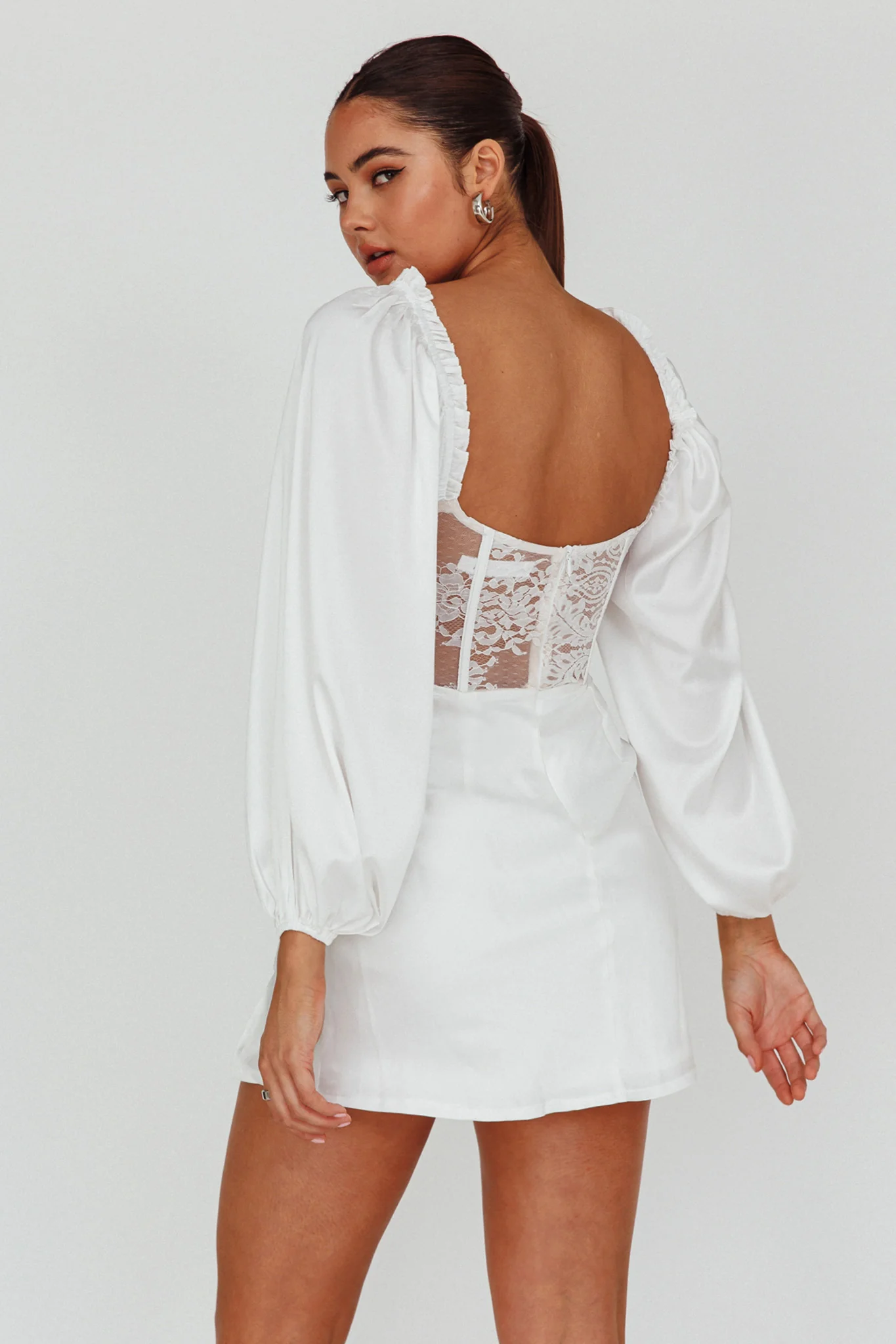 Trophy Long Sleeve Lace Bodice Mini Dress White - Seraphlike