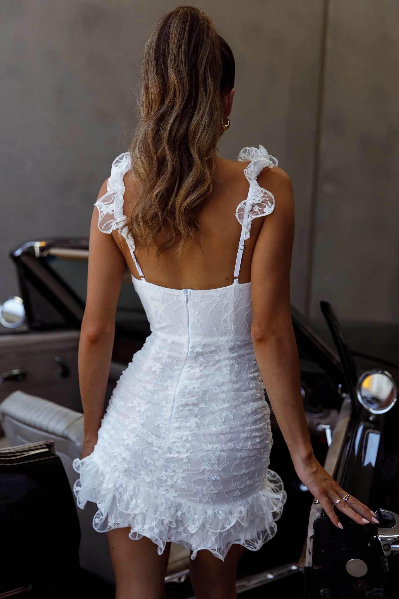 Kaley Ruched Side Layered Frill Hem Lace Mini Dress White - Seraphlike