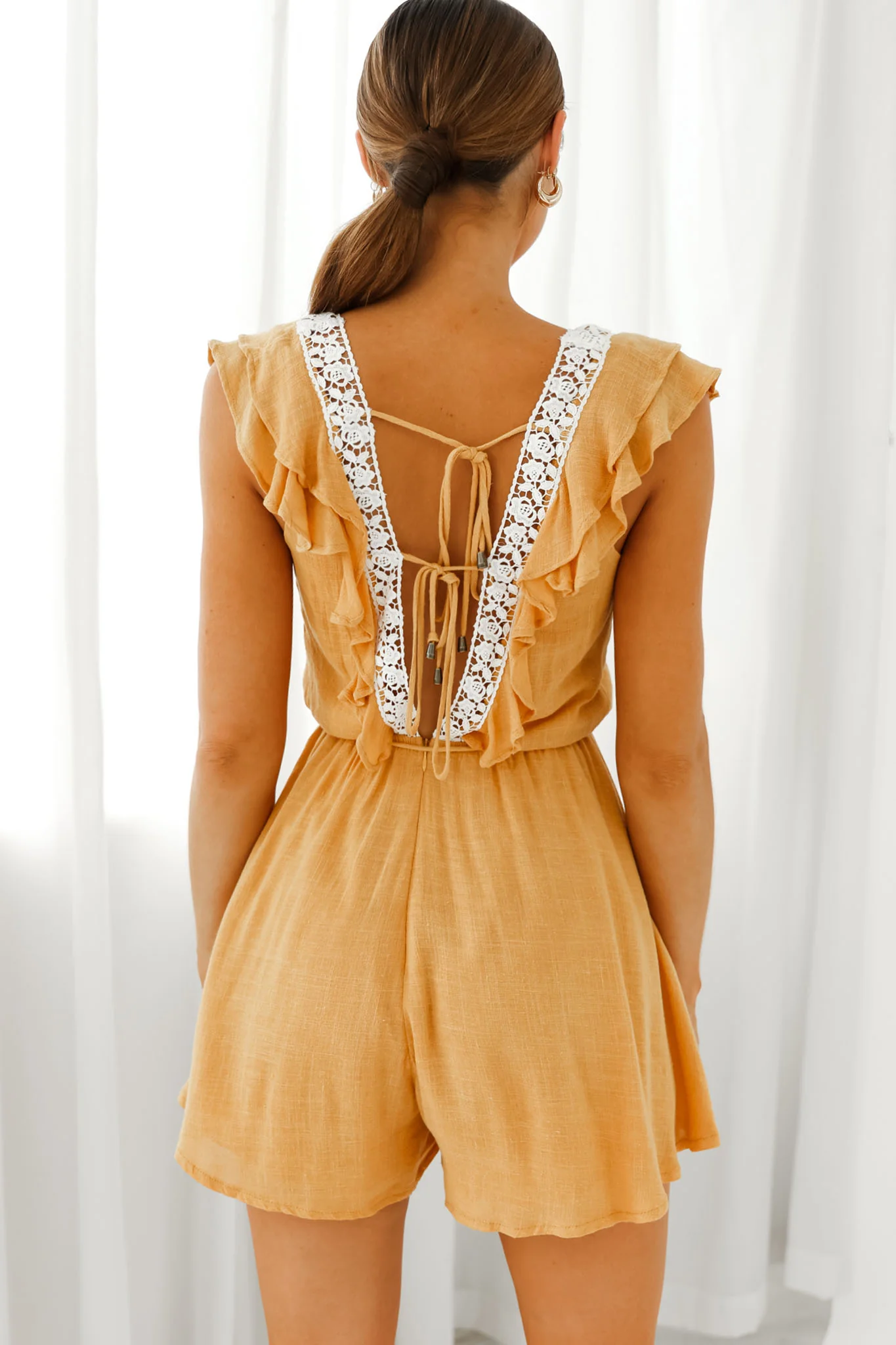 Meet Again Crochet Lace Trim Tie-Up Back Romper Mustard - Seraphlike