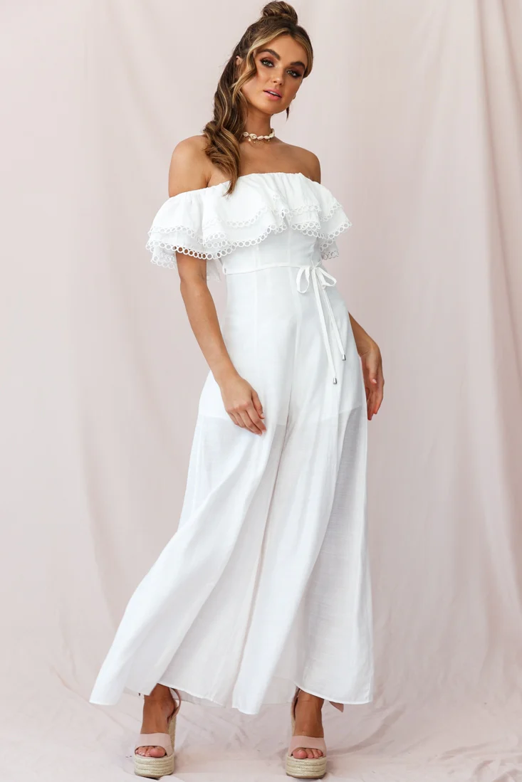 Beloved Off-Shoulder Wide Leg Jumpsuit White - Seraphlike