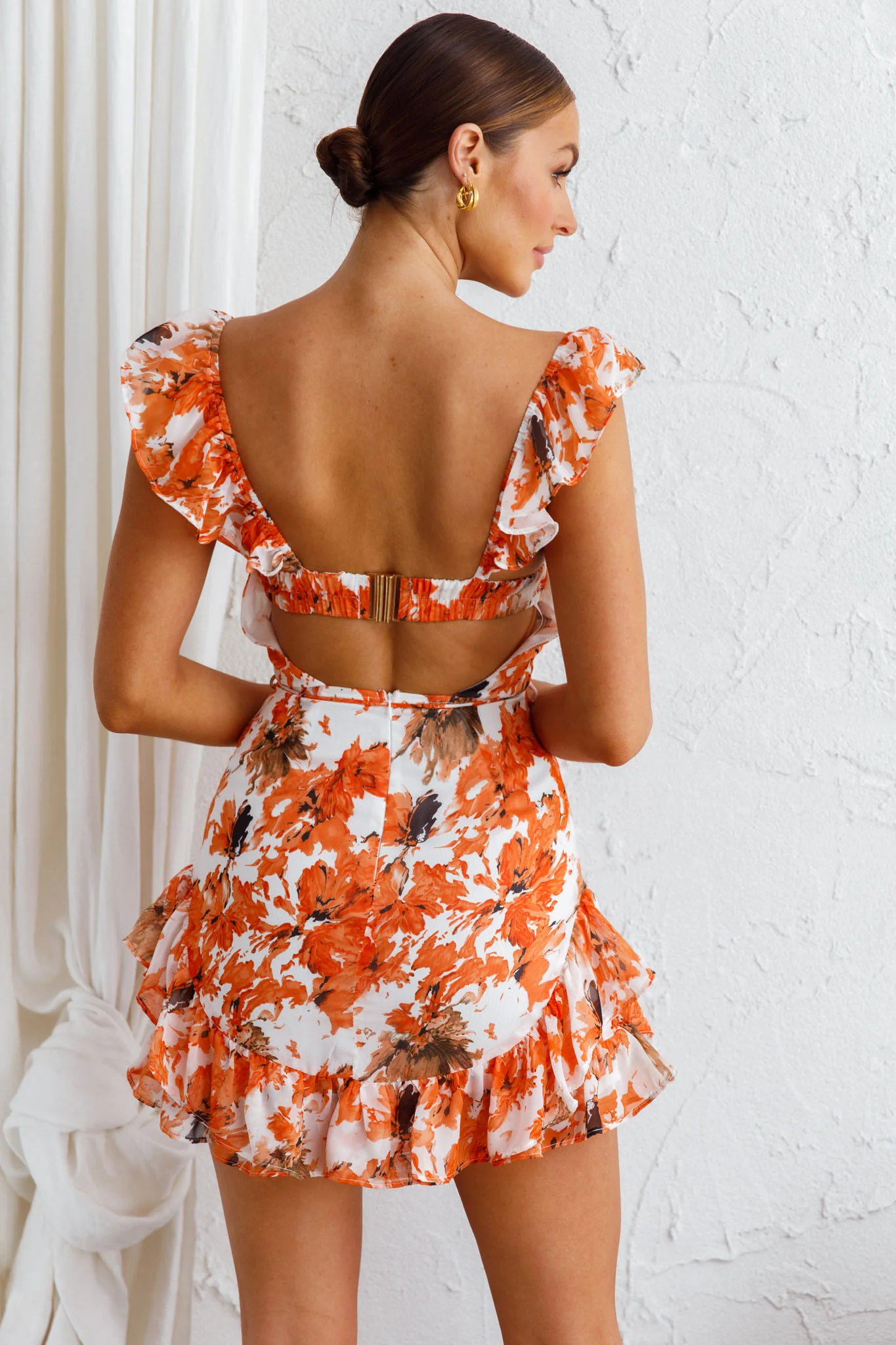 Liz Gathered Bust Frill Trim Dress Abstract Floral Orange - Seraphlike
