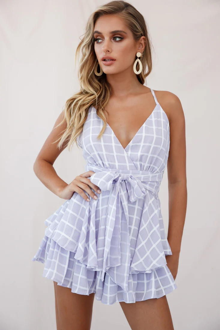 Maddox Fit & Flare Cami Strap Romper Lavender Checker Print - Seraphlike