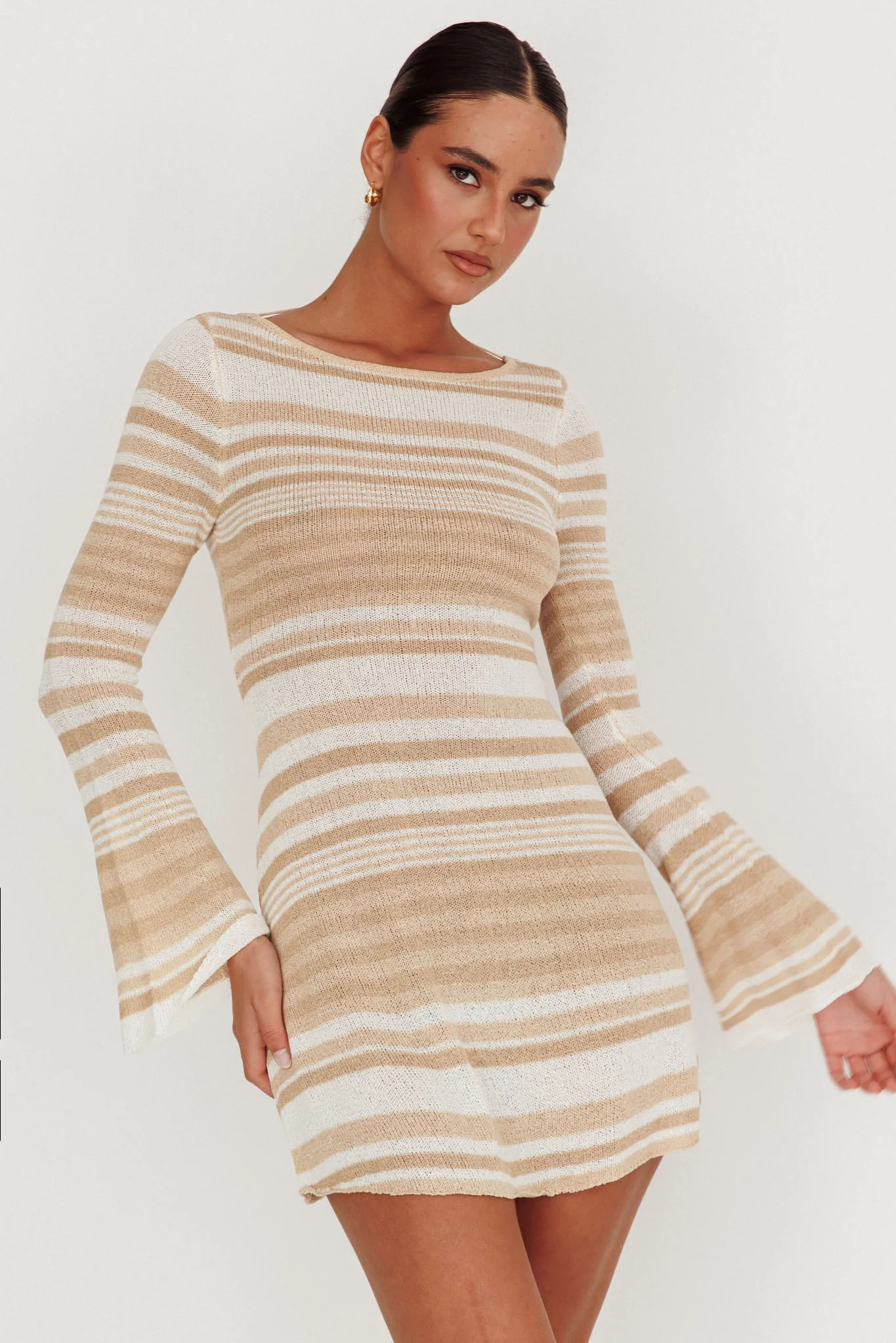 Sylvan Long Sleeve Knit Mini Dress Tan Multi - Seraphlike