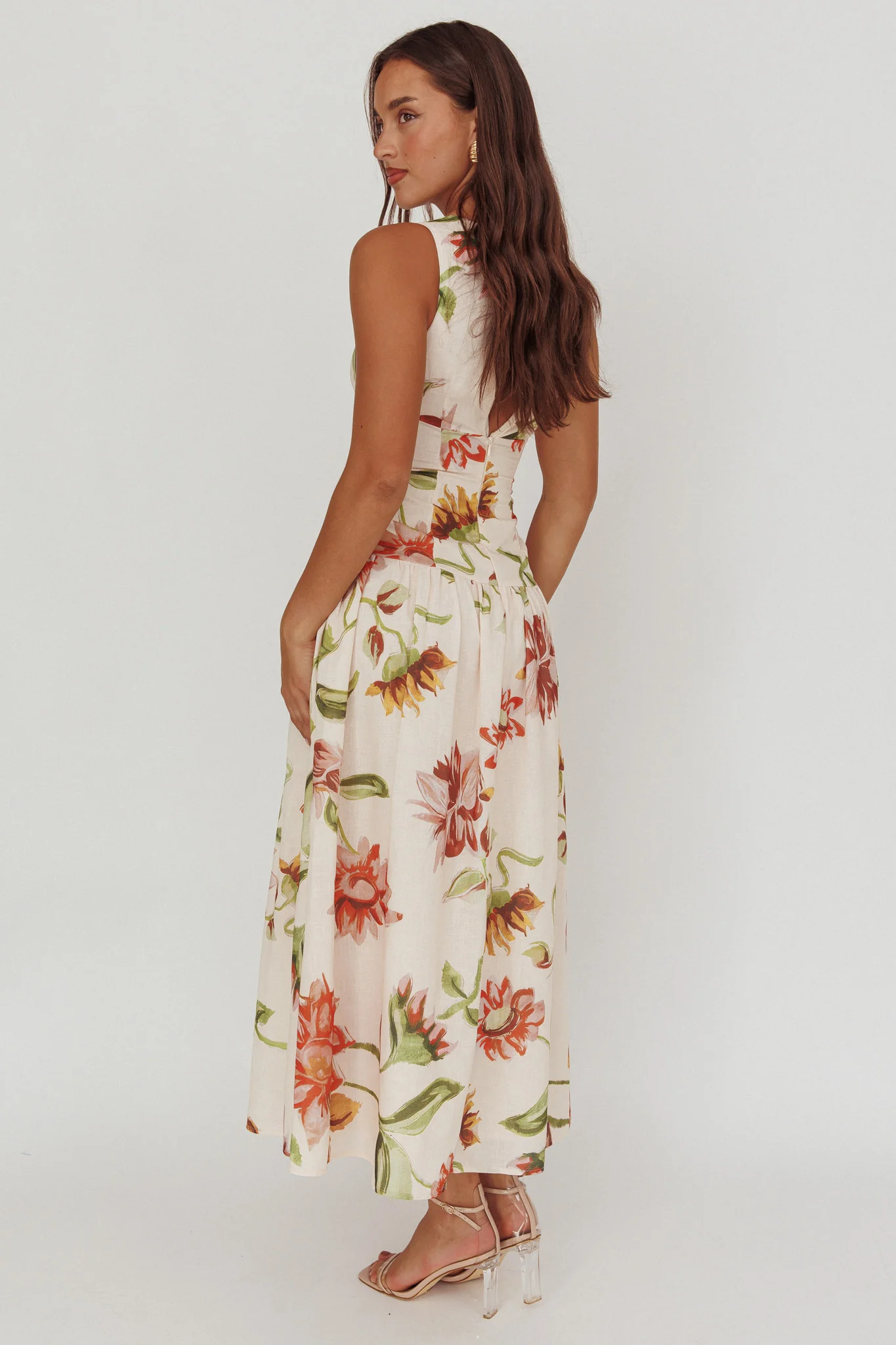 Audraya Drop Waist Maxi Dress Floral Beige - Seraphlike