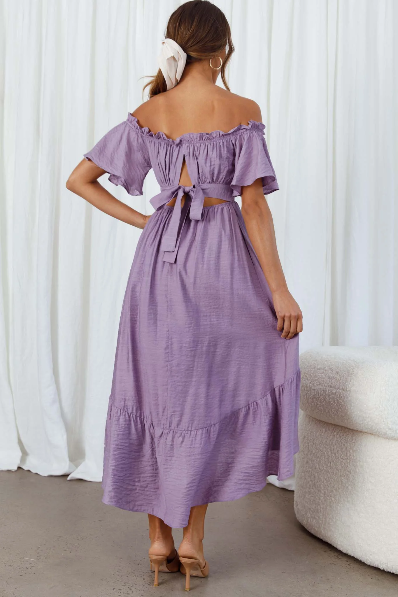 Dandelion Off-Shoulder Tied Back Midi Dress Purple - Seraphlike