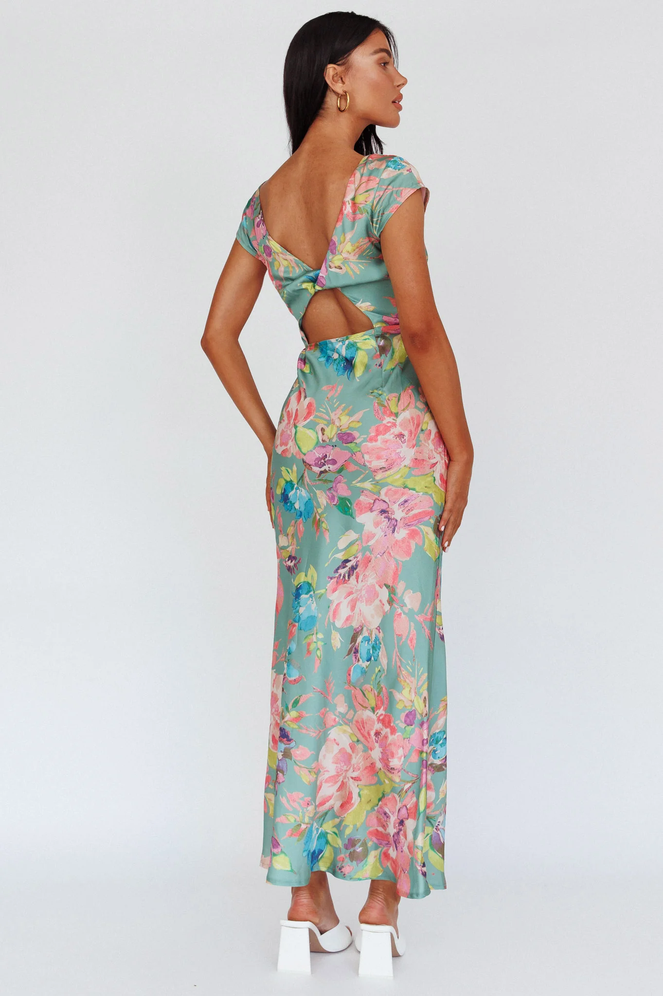 Lucinda Cap Sleeve Twist Back Midi Dress Floral Olive - Seraphlike