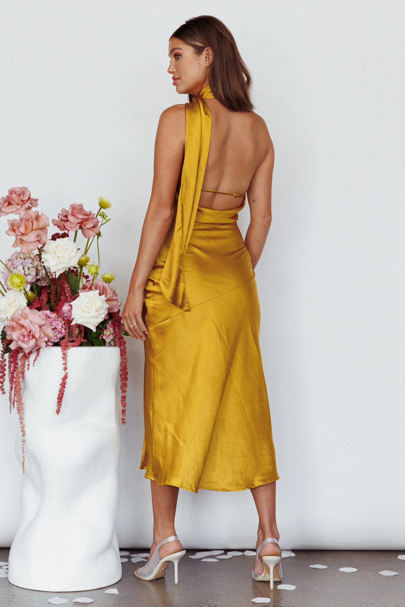 Italian Summer Tie Neck Midi Dress Mustard - Seraphlike