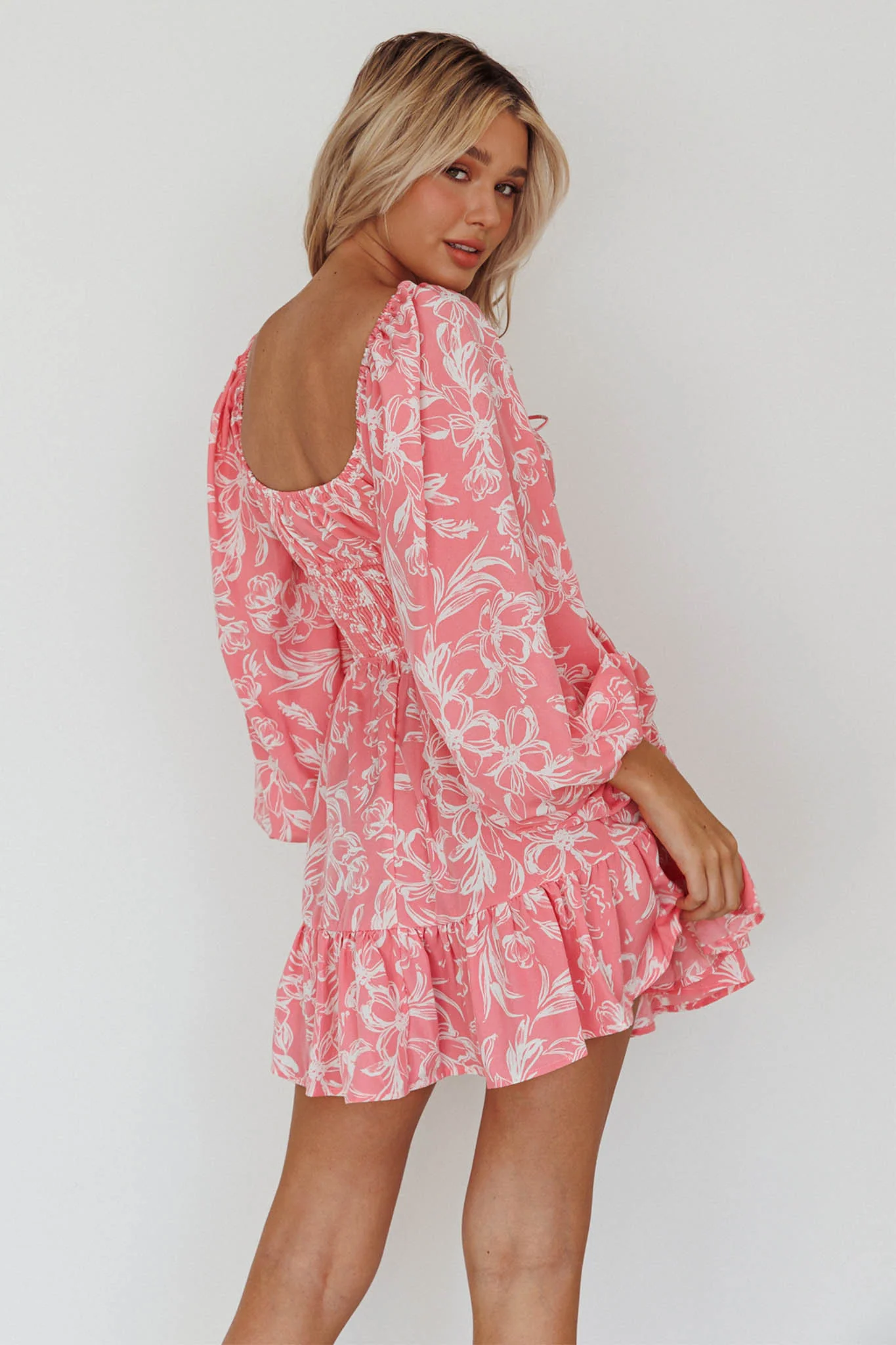 Amilie Shirred Long Sleeve Dress Floral Pink - Seraphlike