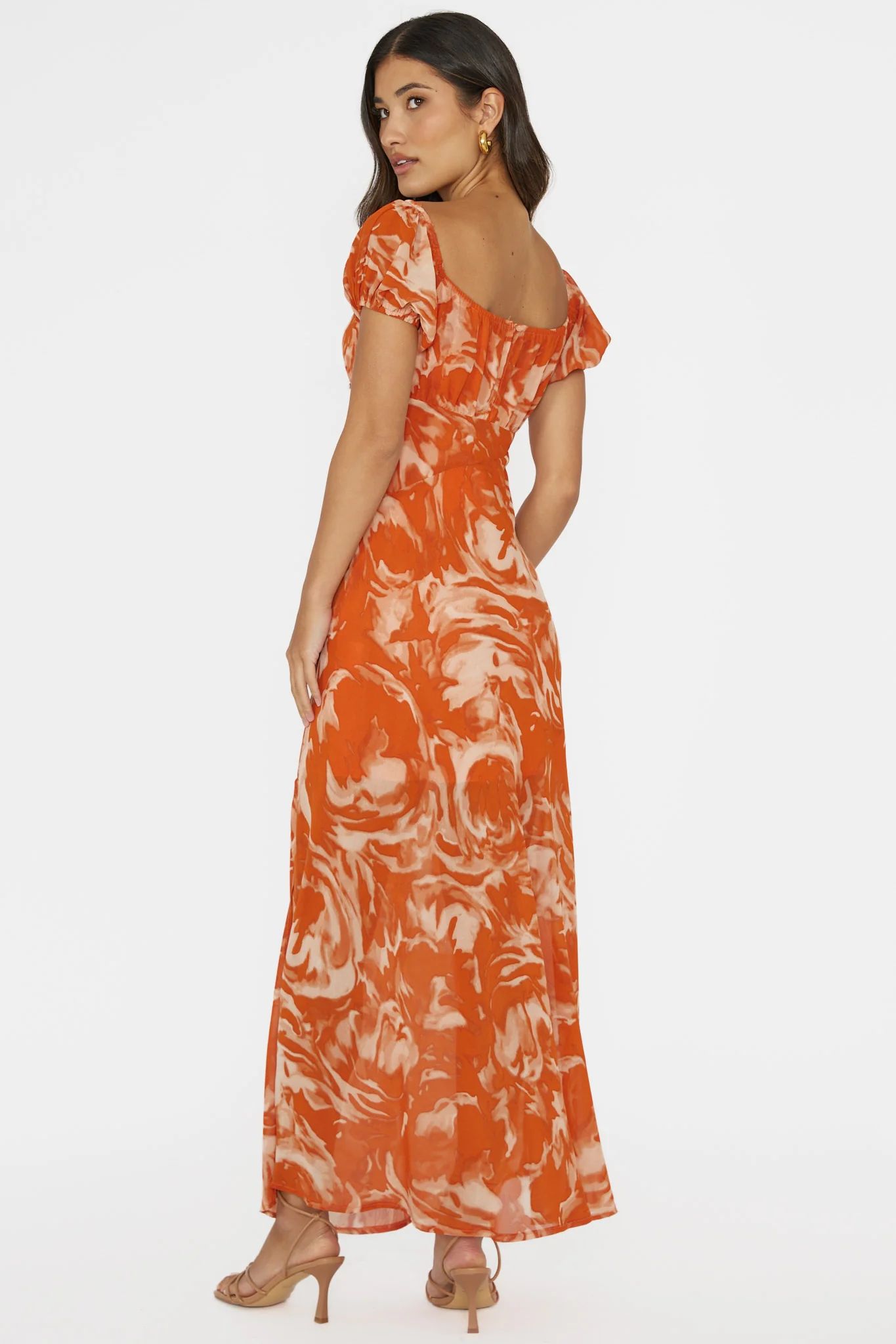 Park Avenue Puff Sleeve Midi Dress Print Orange - Seraphlike