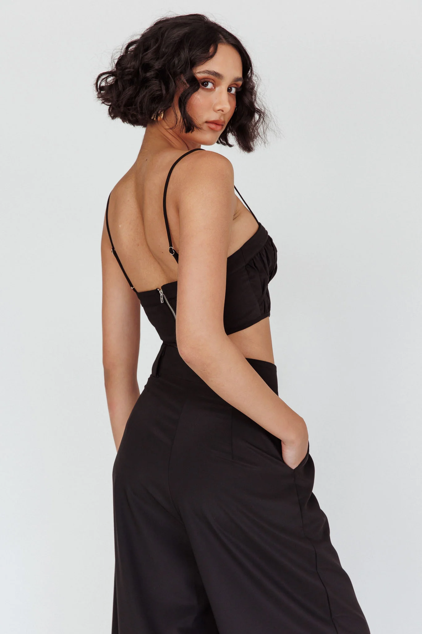 Regal Ruched Cami Crop Top Black - Seraphlike