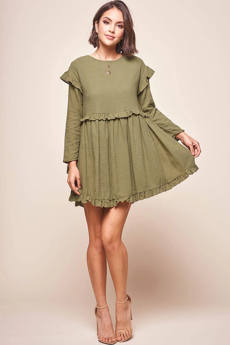 Marion Long Sleeve Shift Dress Khaki - Seraphlike