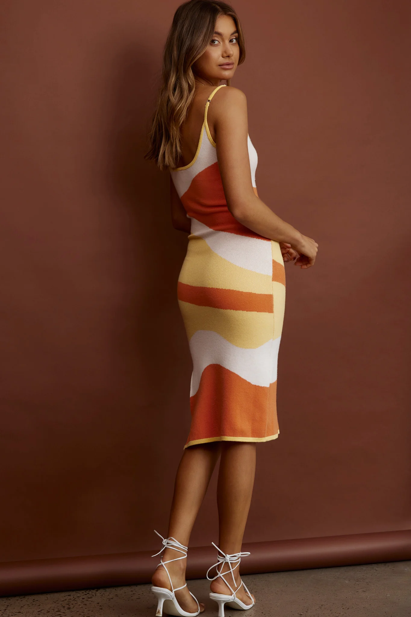 Sunshine State Cami Strap Midi Dress Abstract Peach - Seraphlike