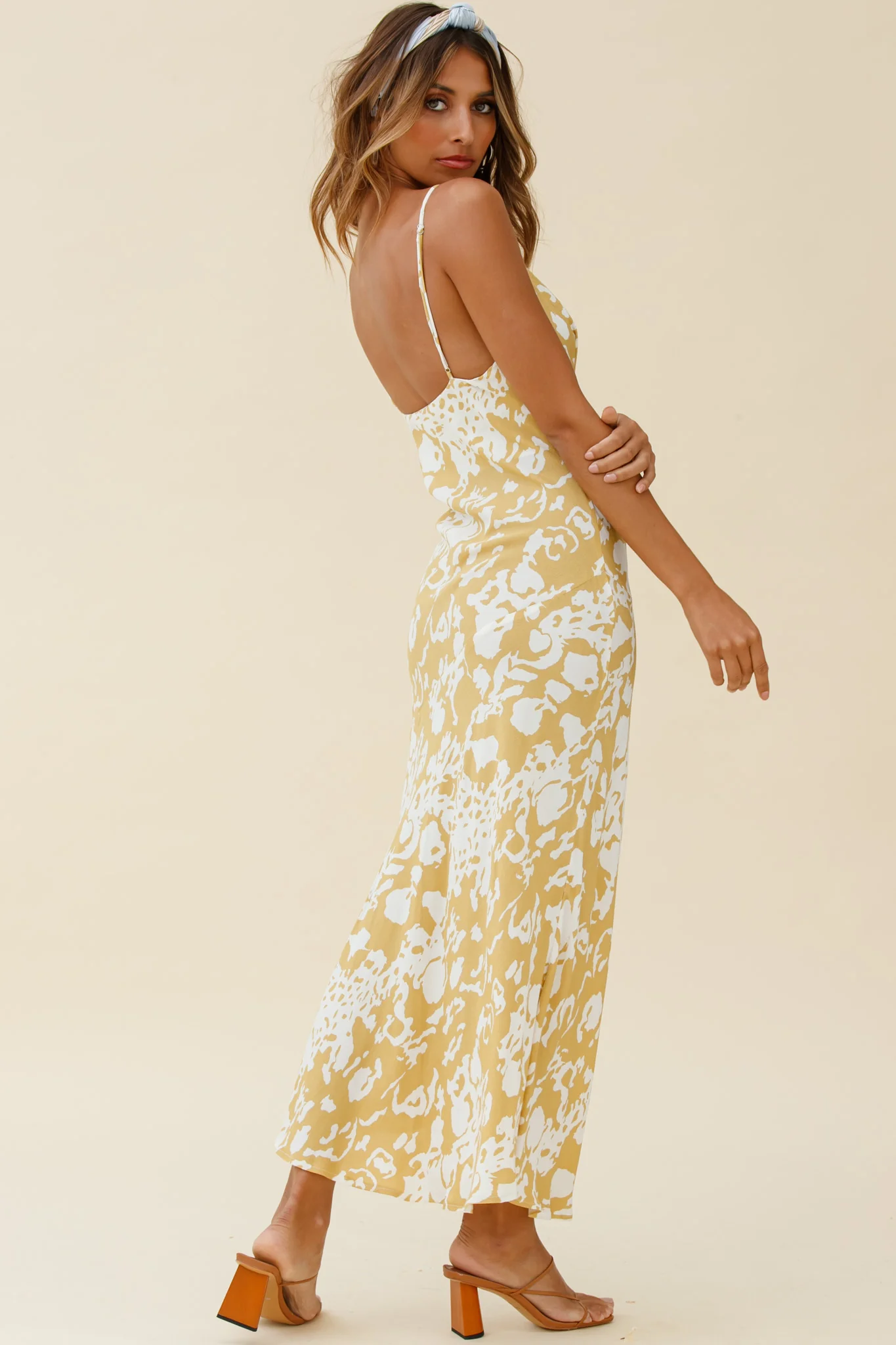 Downtown Cami Strap Front Split Midi Dress Stencil Print Mustard - Seraphlike