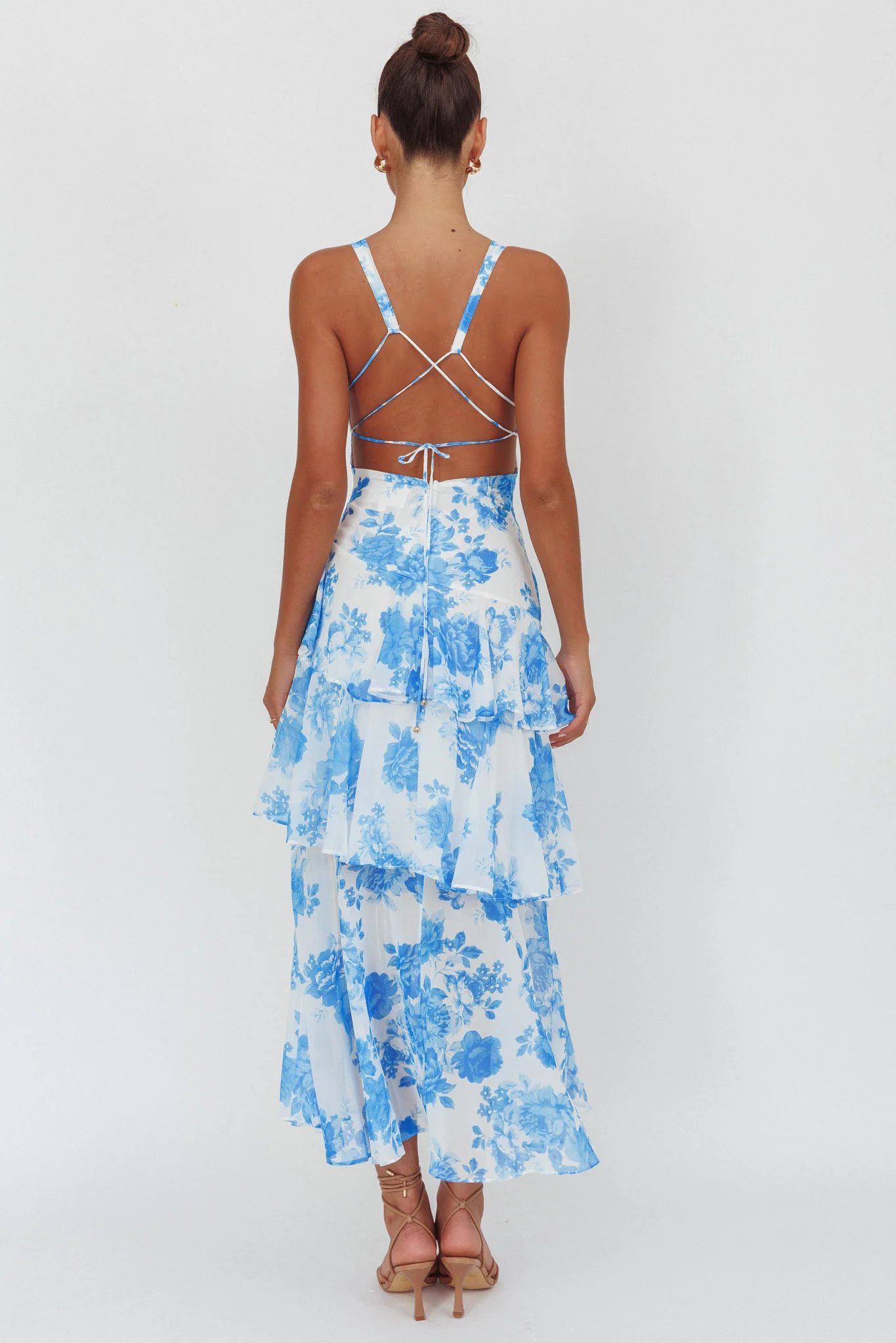 Veda Strappy Back Ruffle Maxi Dress Roses Blue - Seraphlike