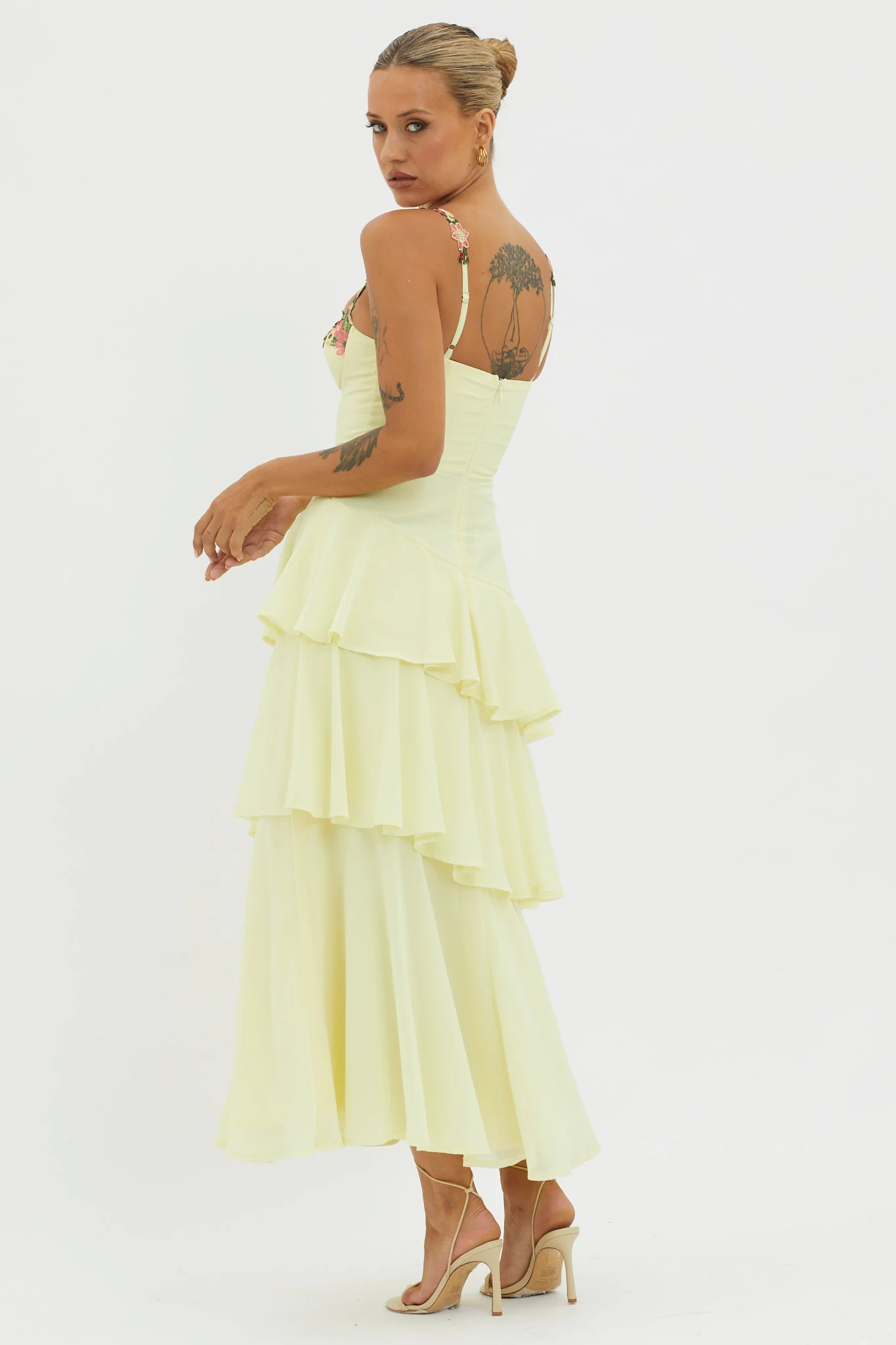 Rose Garden Tiered Ruffle Floral Trim Dress Lemon - Seraphlike