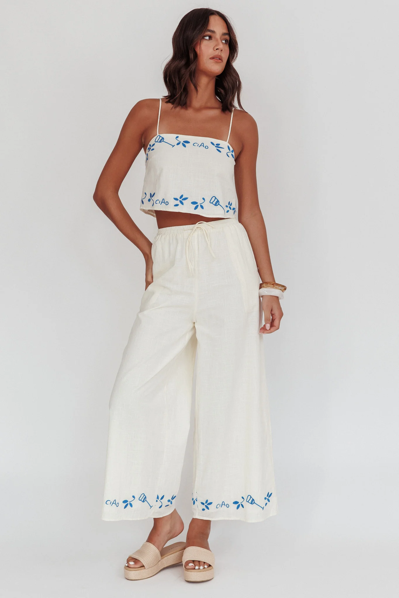 Sorrento Summer Embroidered Wide-Leg Pants Beige - Seraphlike