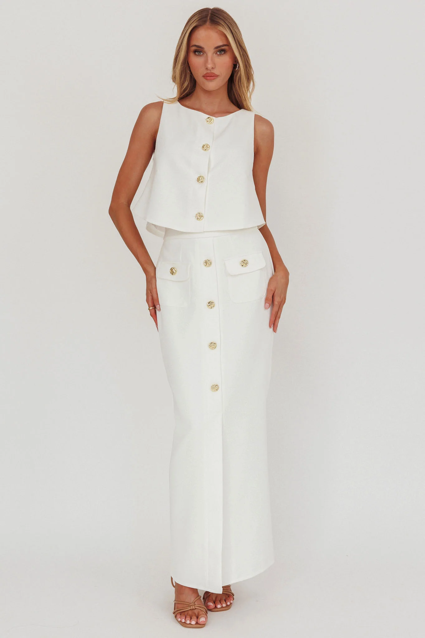 Bondi Sunset Faux Button Placket Maxi Skirt White - Seraphlike