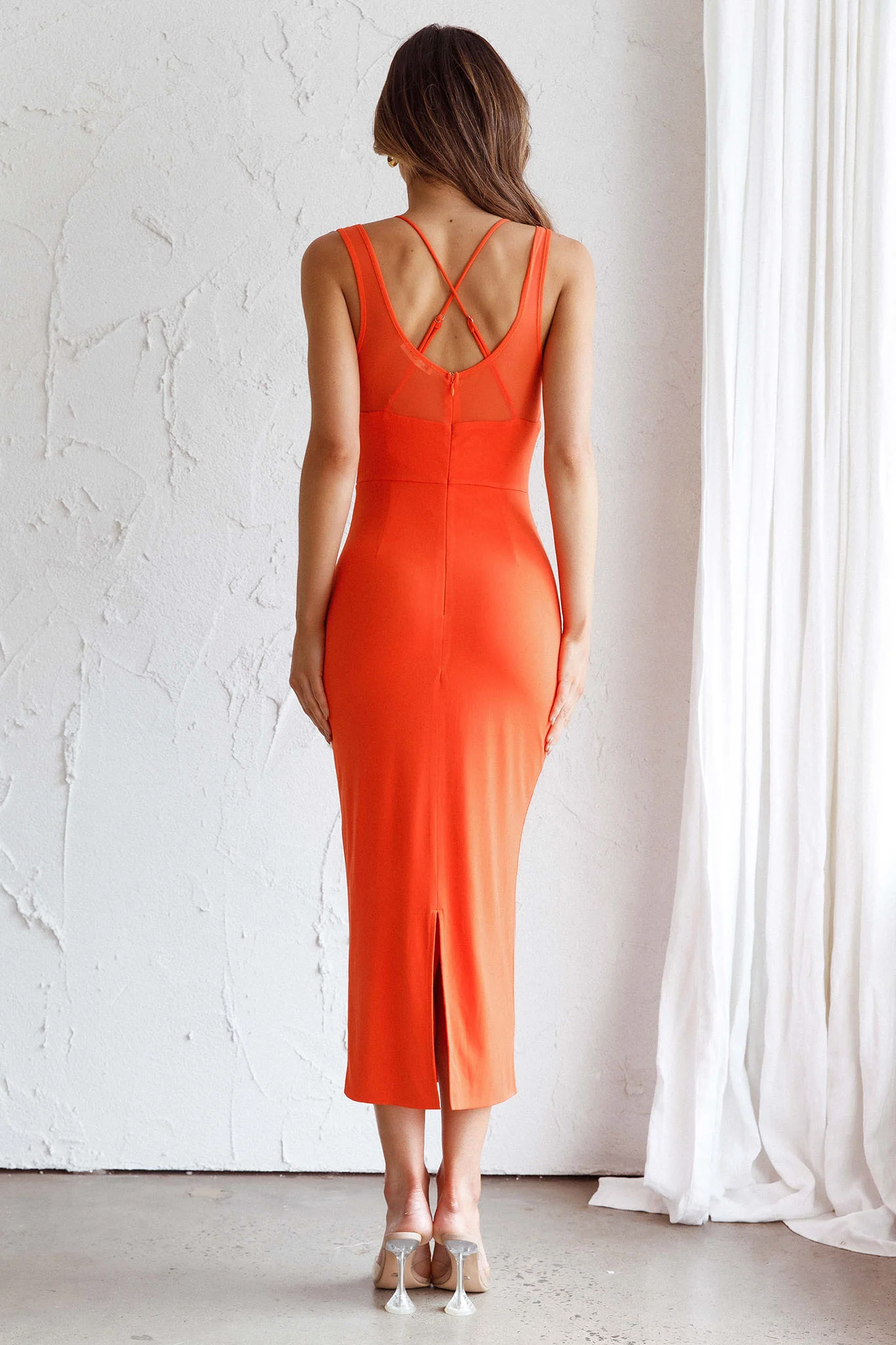 Charice Mesh Bodice Overlay Midi Dress Orange - Seraphlike