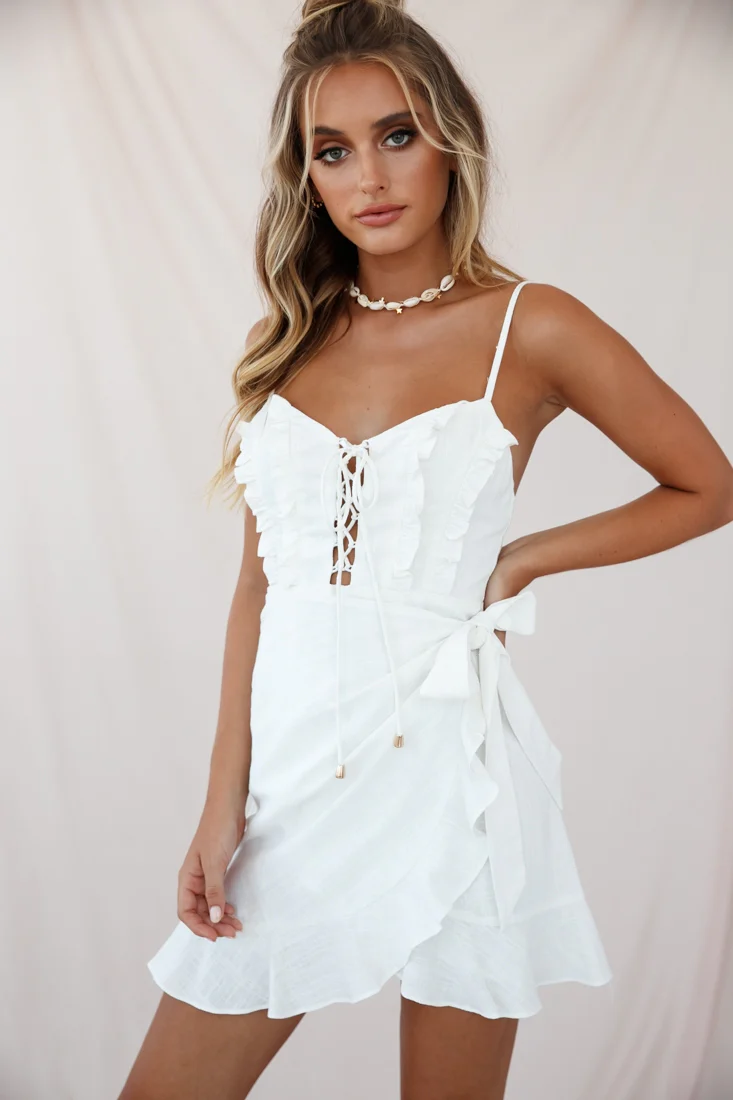 Come Hither Wrap Front Lace-Up Bust Dress White - Seraphlike