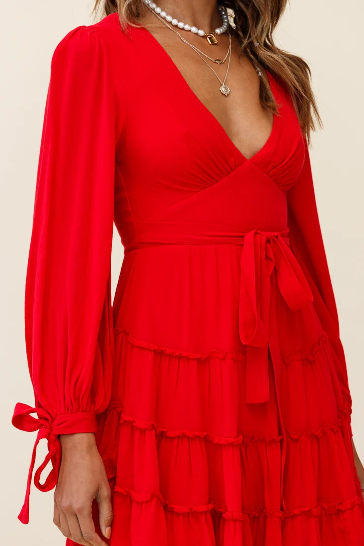 Jocelyn Long Sleeve Tied Cuff Frill Dress Red - Seraphlike