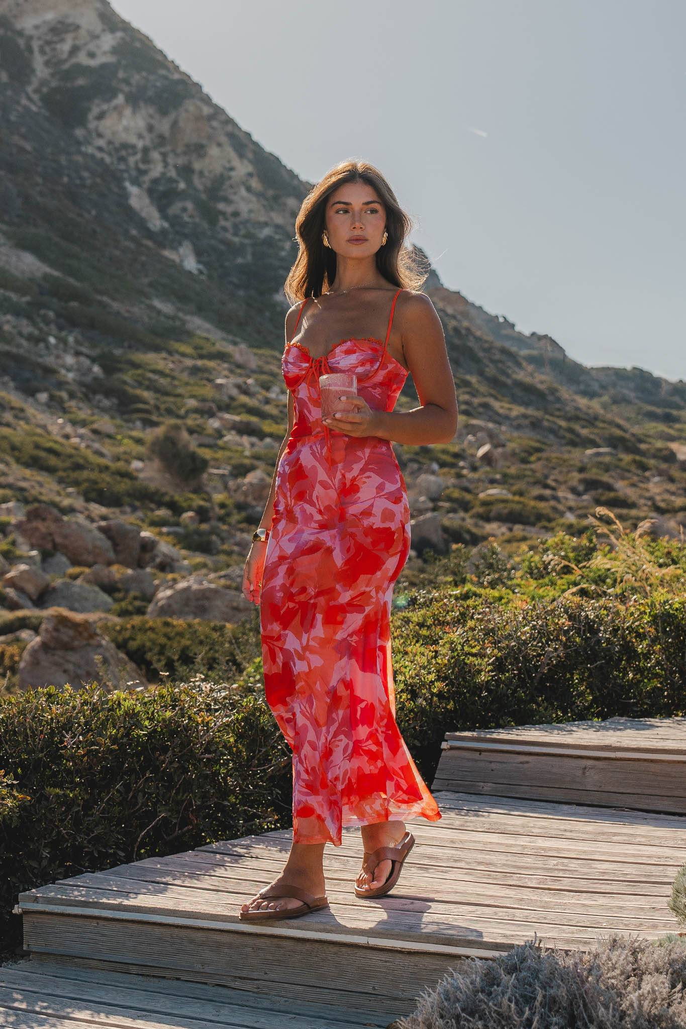 Fortune Lace Trim Mesh Midi Dress Orange - Seraphlike