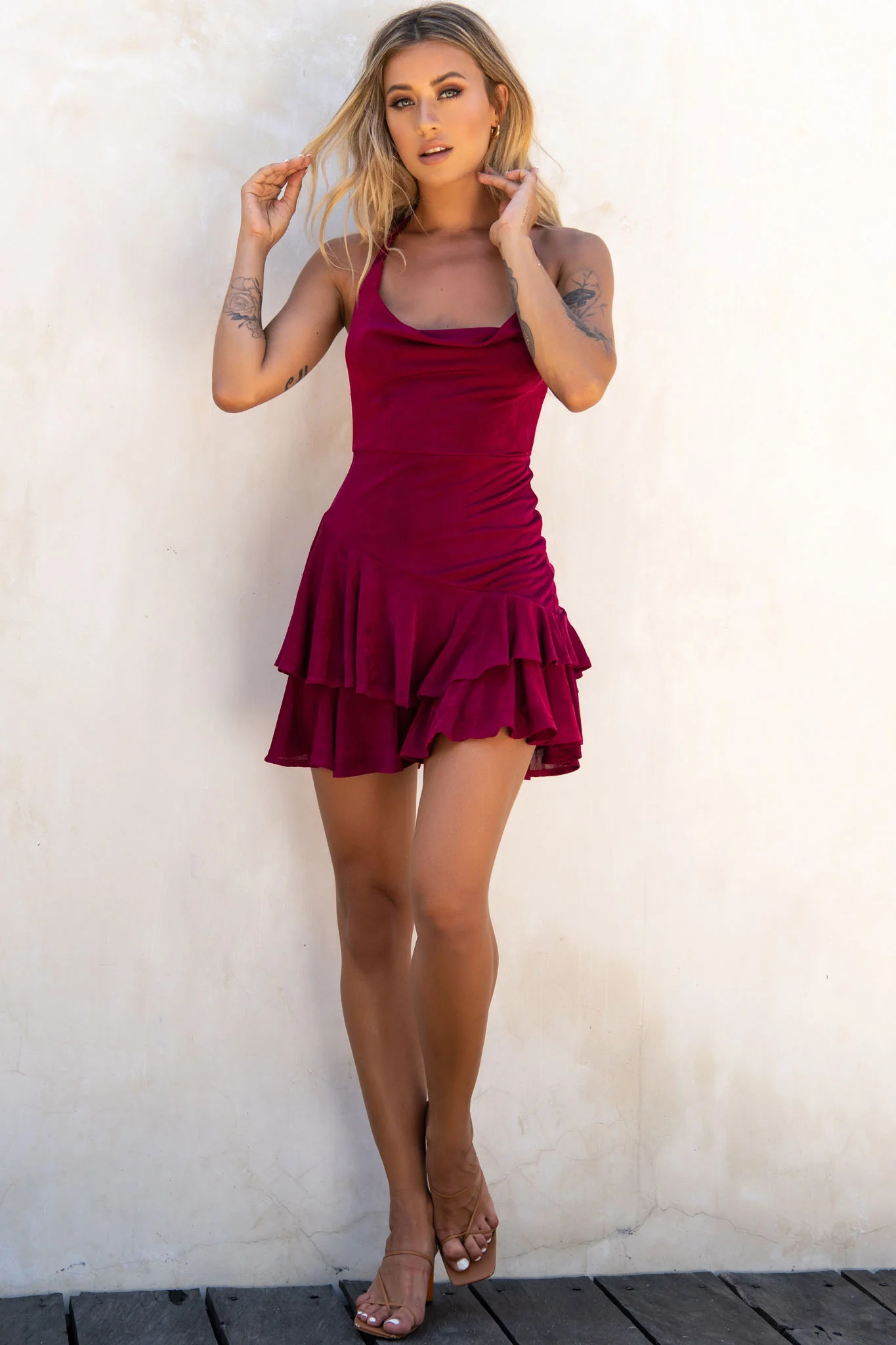 Bring On The Night Cowl Halterneck Dress Plum - Seraphlike