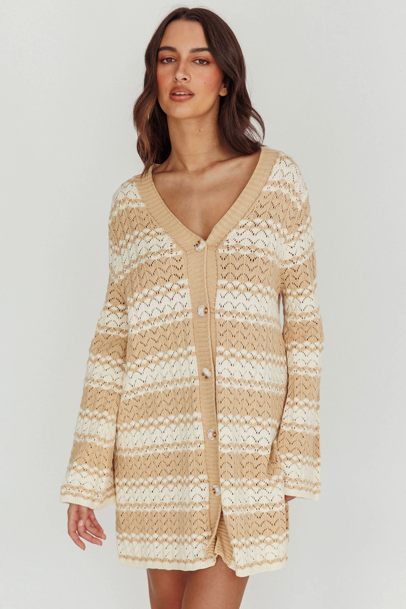 Maysah Button-Up Knit Shirt Dress Nude Ivory - Seraphlike