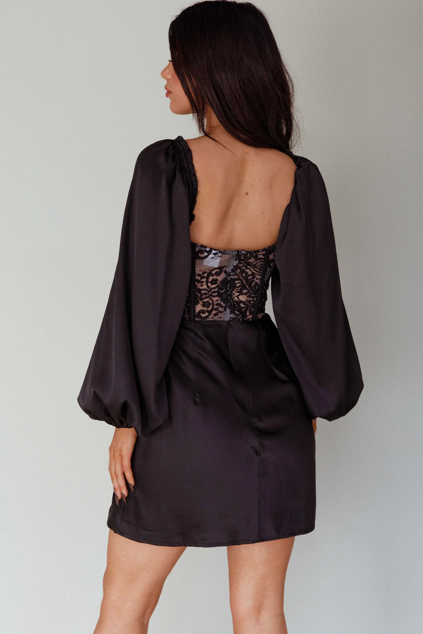 Trophy Long Sleeve Lace Bodice Mini Dress Black - Seraphlike