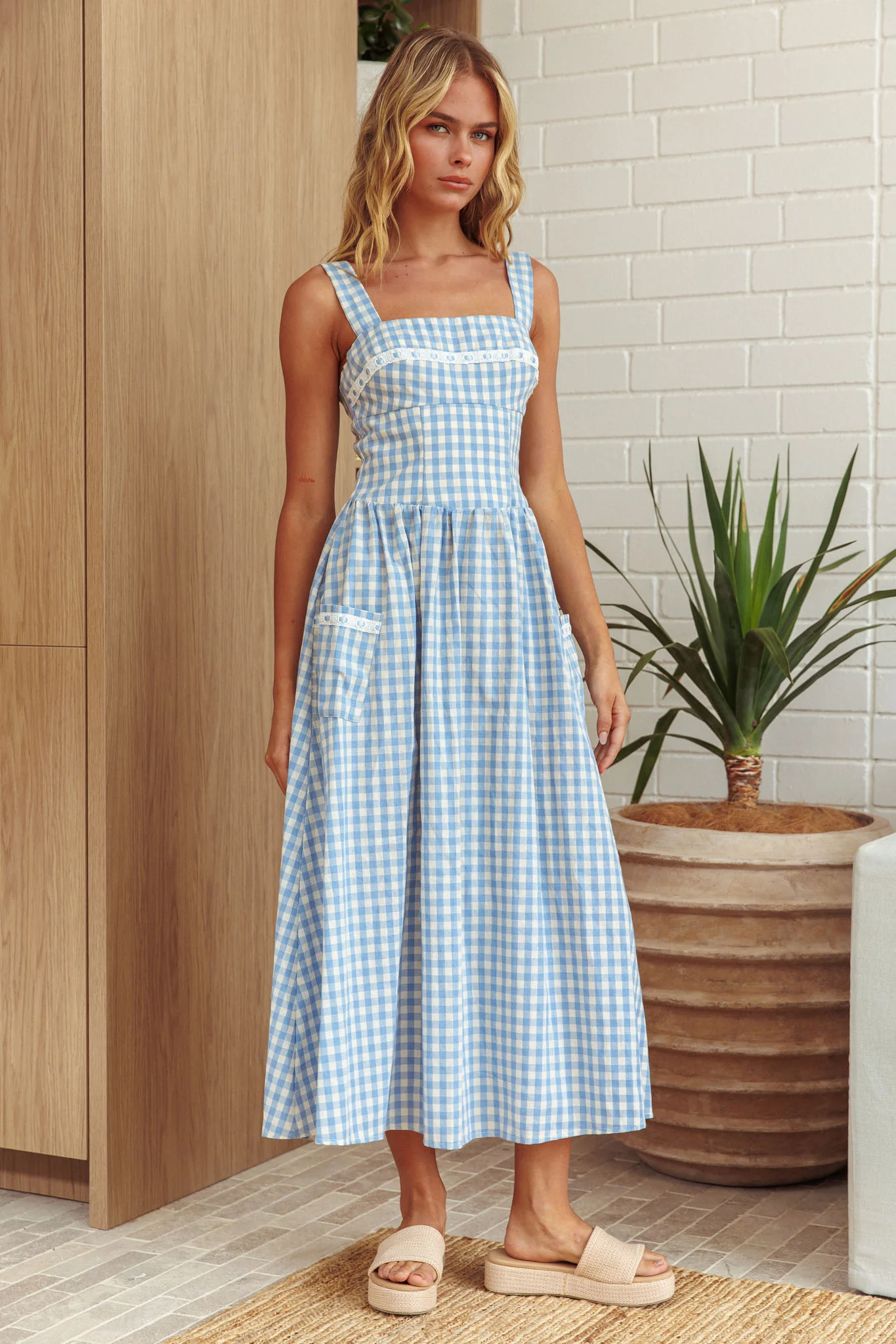 Elderflower Front Pocket Maxi Dress Gingham Baby Blue - Seraphlike