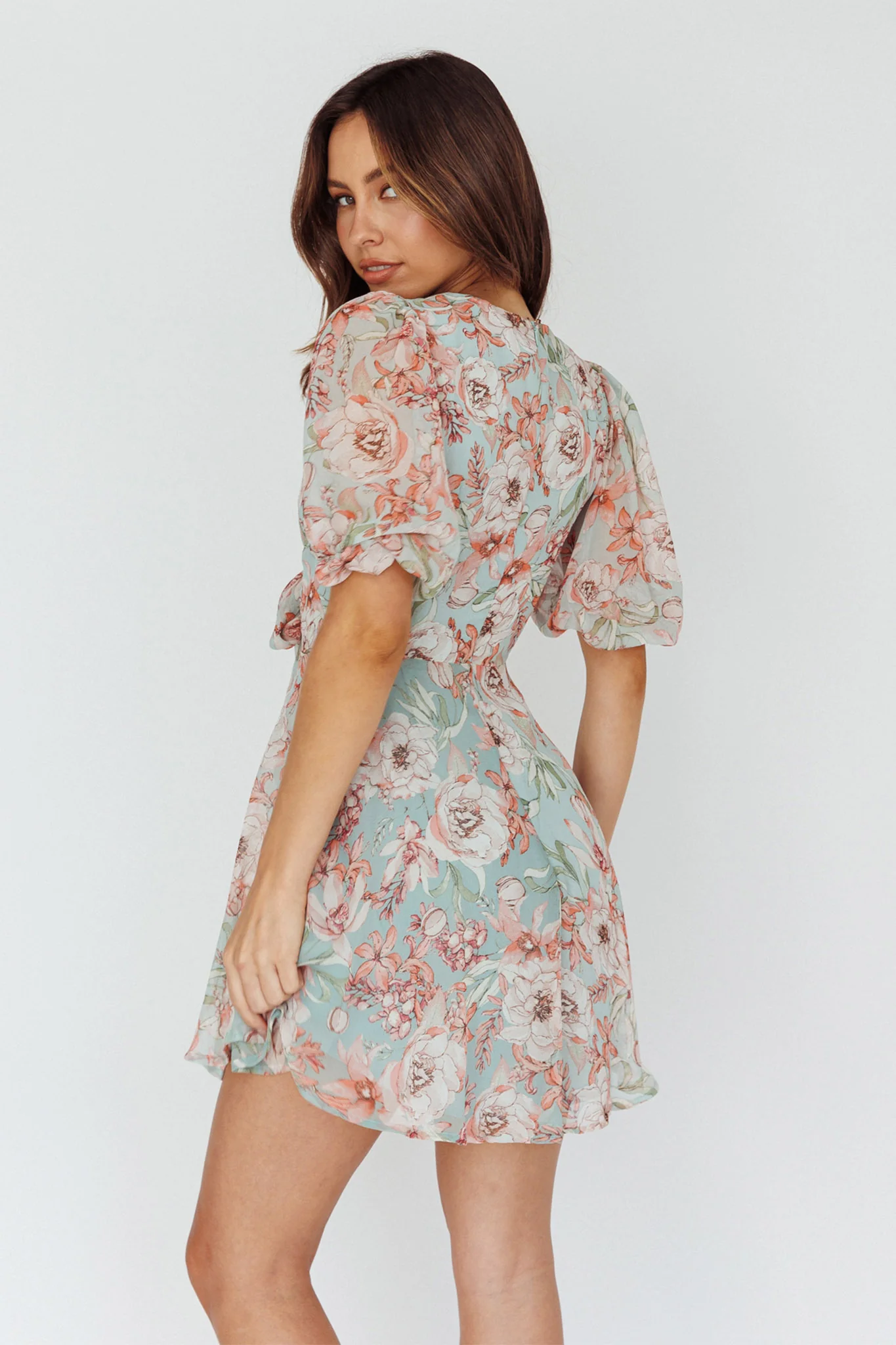 Madison Bow Tie Bust Puff Sleeve Dress Floral Mint - Seraphlike