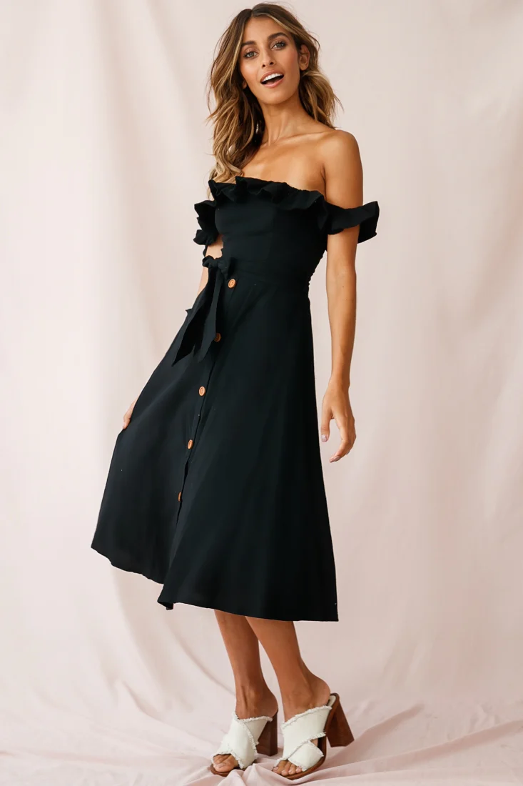 Matisse Off-Shoulder Placket Dress Black - Seraphlike