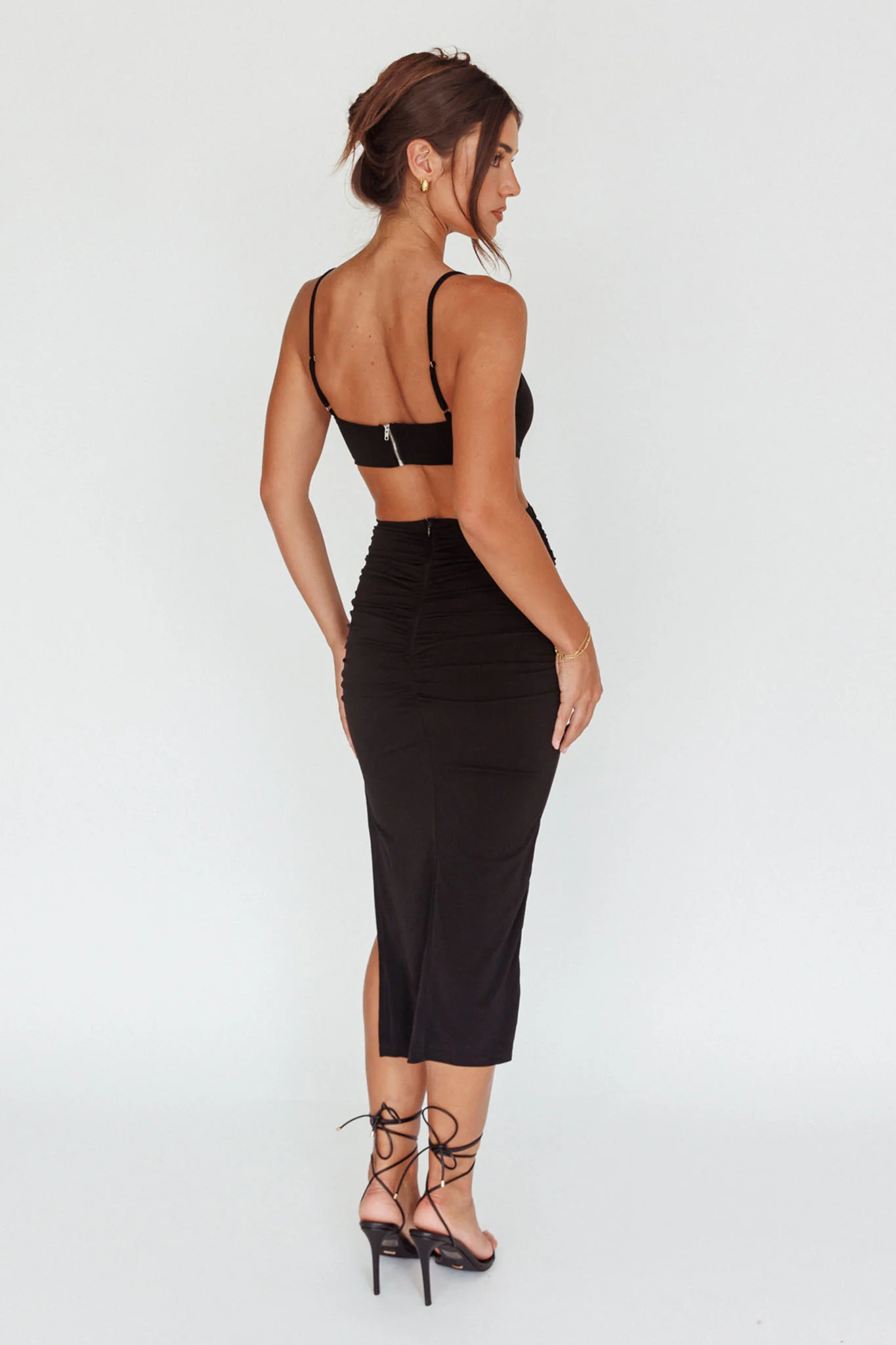 Mary Jane Gathered Bust Tie Back Midi Dress Black - Seraphlike